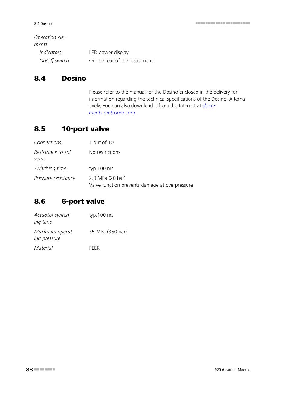 4 dosino, 5 10-port valve, 6 6-port valve | Dosino, Port valve | Metrohm 920 Absorber Module User Manual | Page 96 / 112