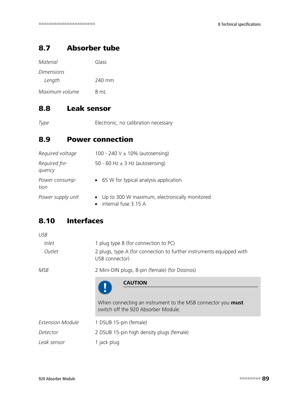 7 absorber tube, 8 leak sensor, 9 power connection | 10 interfaces, Absorber tube, Leak sensor, Power connection | Metrohm 920 Absorber Module User Manual | Page 97 / 112