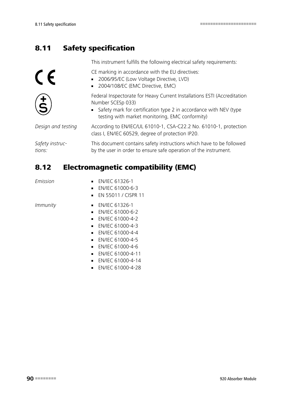 11 safety specification, 12 electromagnetic compatibility (emc) | Metrohm 920 Absorber Module User Manual | Page 98 / 112