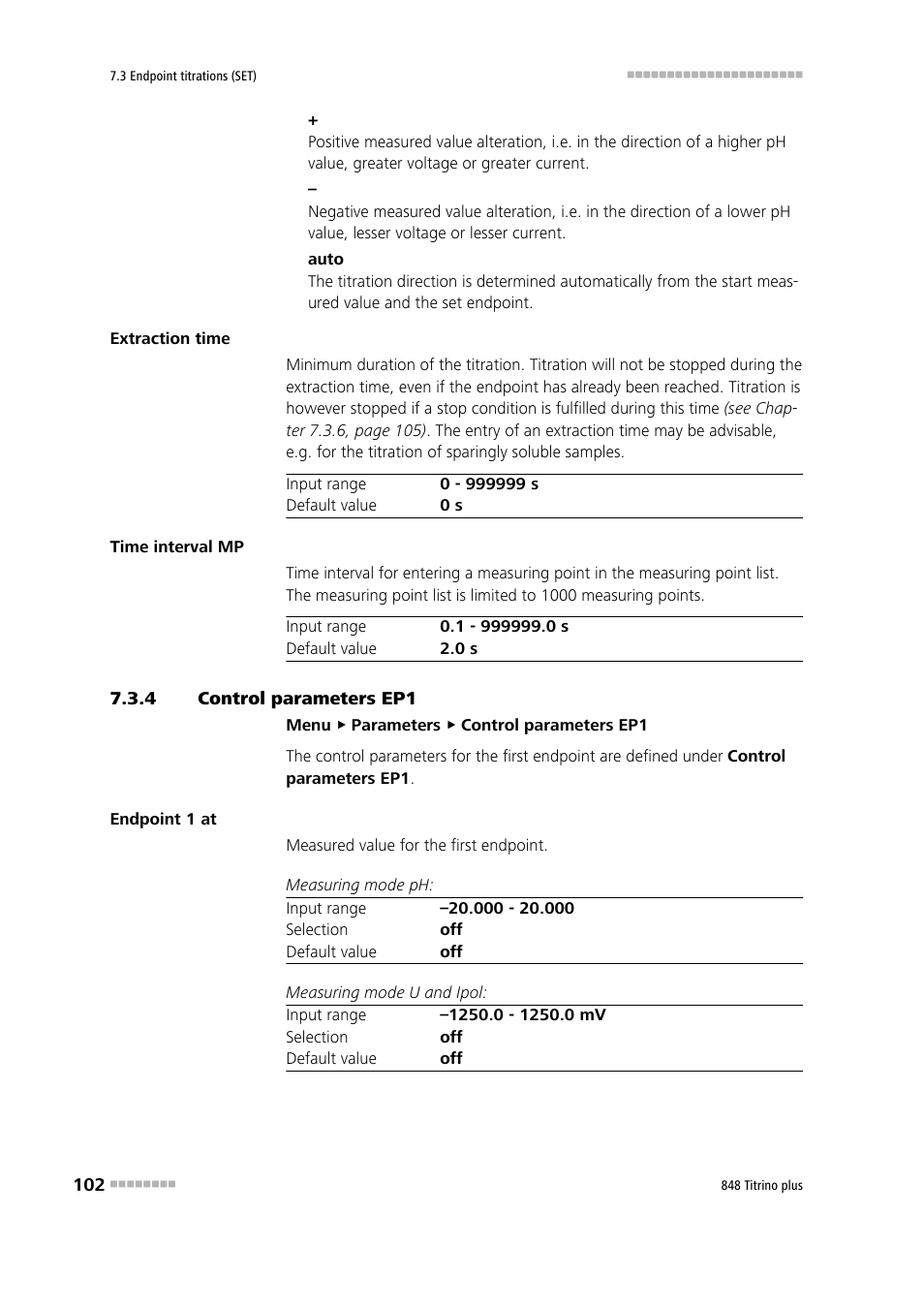 4 control parameters ep1, Control parameters ep1 | Metrohm 848 Titrino plus User Manual | Page 112 / 155