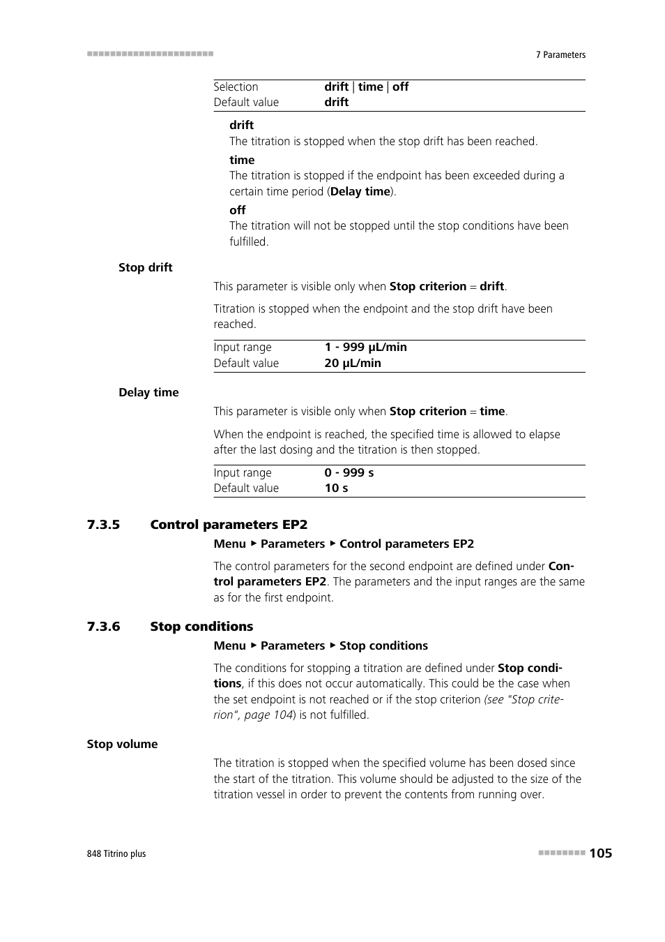 5 control parameters ep2, 6 stop conditions, Control parameters ep2 | Stop conditions | Metrohm 848 Titrino plus User Manual | Page 115 / 155