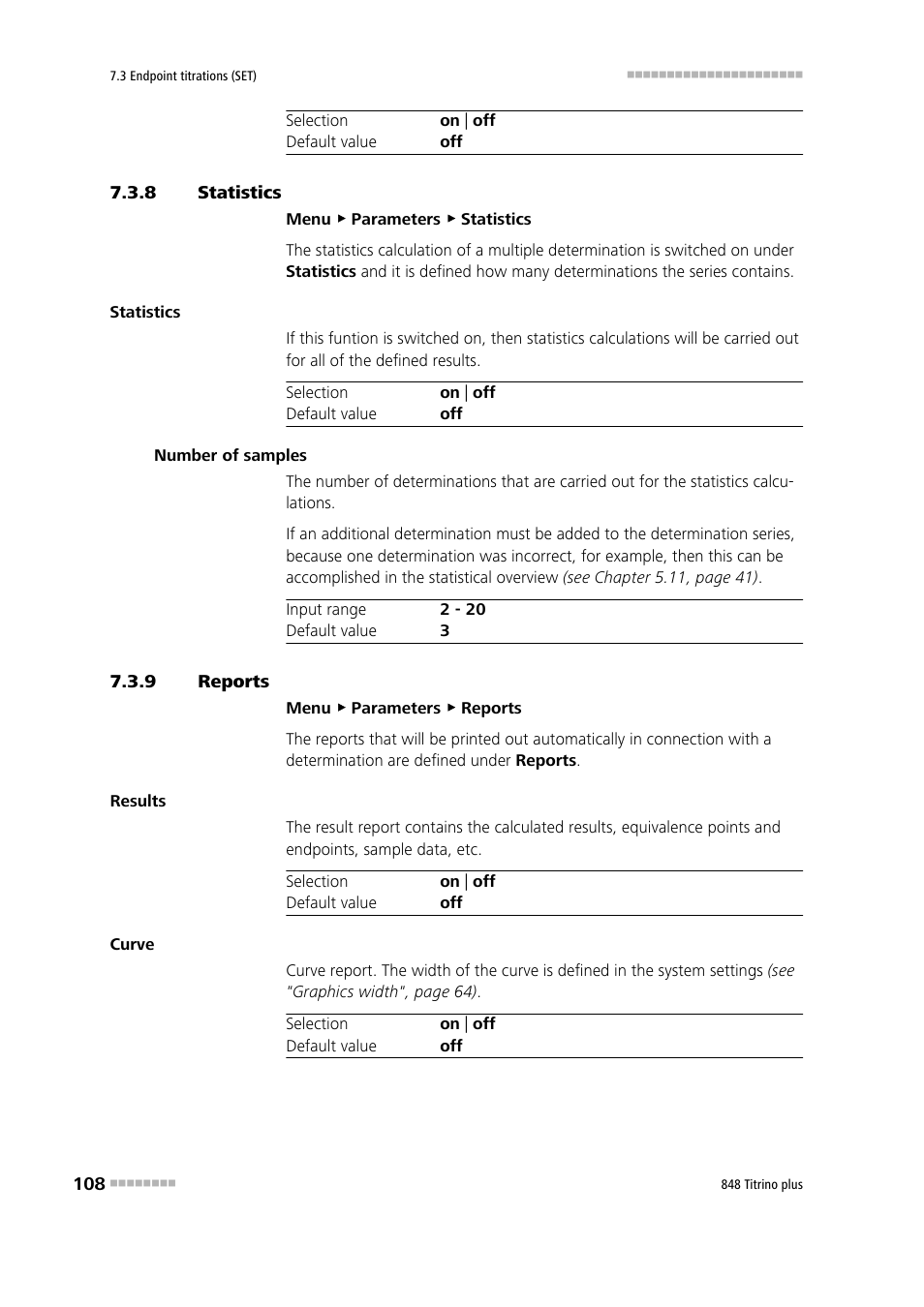 8 statistics, 9 reports, Statistics | Reports | Metrohm 848 Titrino plus User Manual | Page 118 / 155