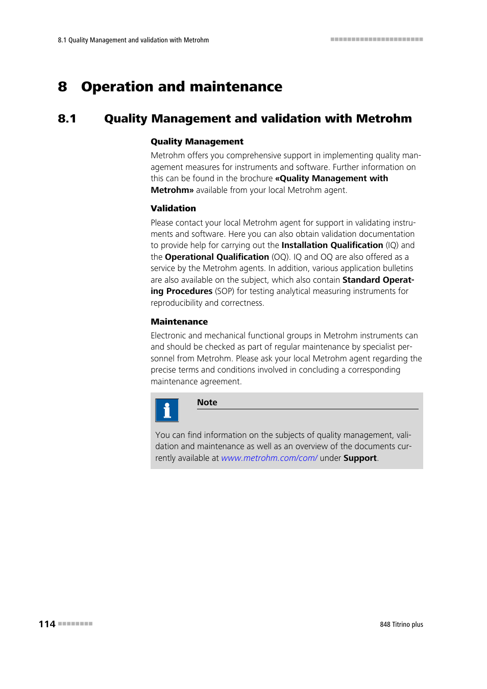 8 operation and maintenance, 1 quality management and validation with metrohm, Quality management and validation with metrohm | Metrohm 848 Titrino plus User Manual | Page 124 / 155