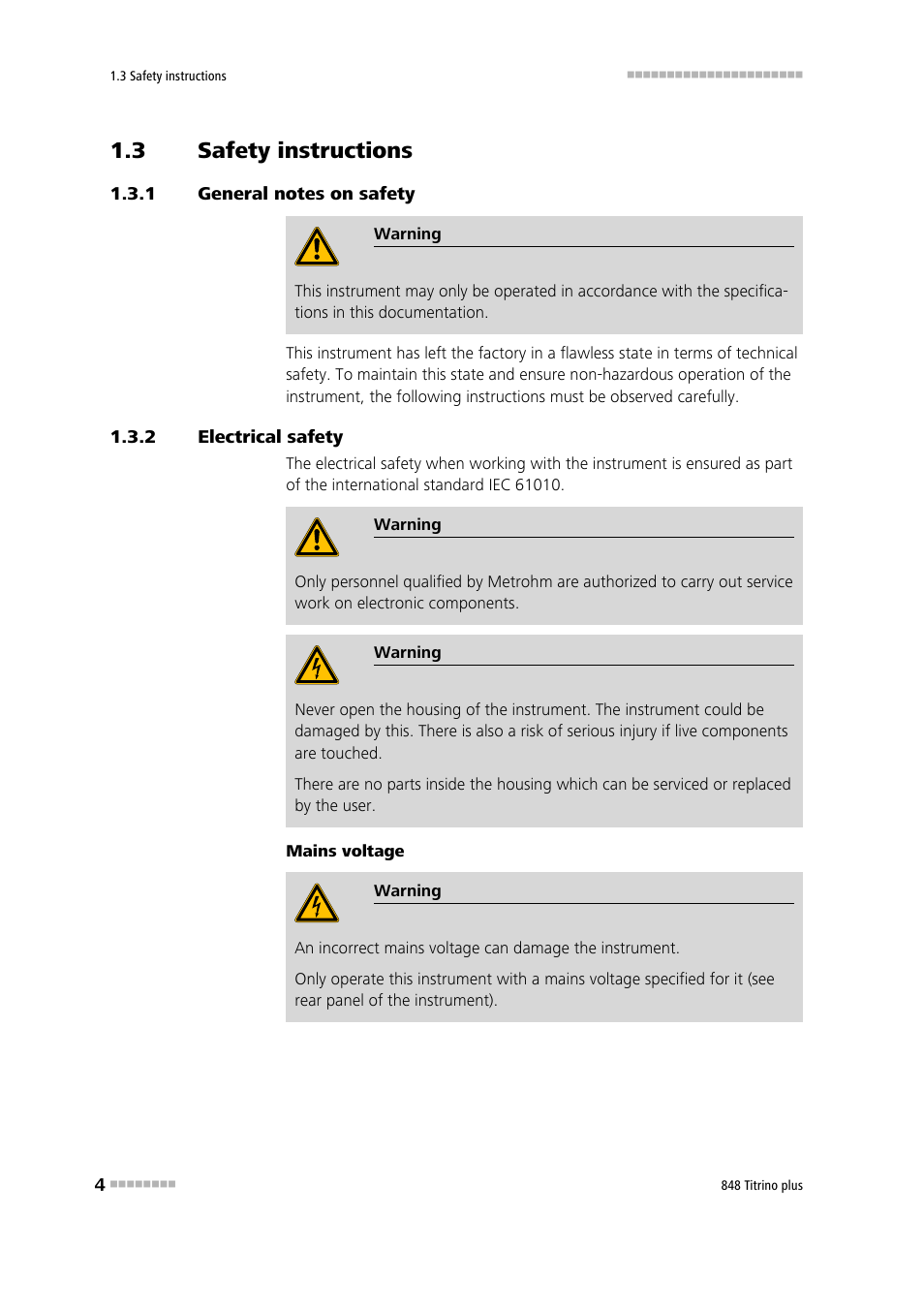 3 safety instructions, 1 general notes on safety, 2 electrical safety | Safety instructions, General notes on safety, Electrical safety | Metrohm 848 Titrino plus User Manual | Page 14 / 155