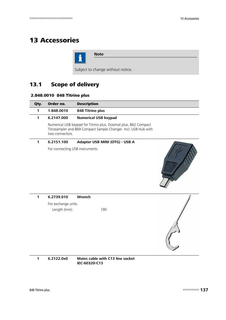 13 accessories, 1 scope of delivery | Metrohm 848 Titrino plus User Manual | Page 147 / 155
