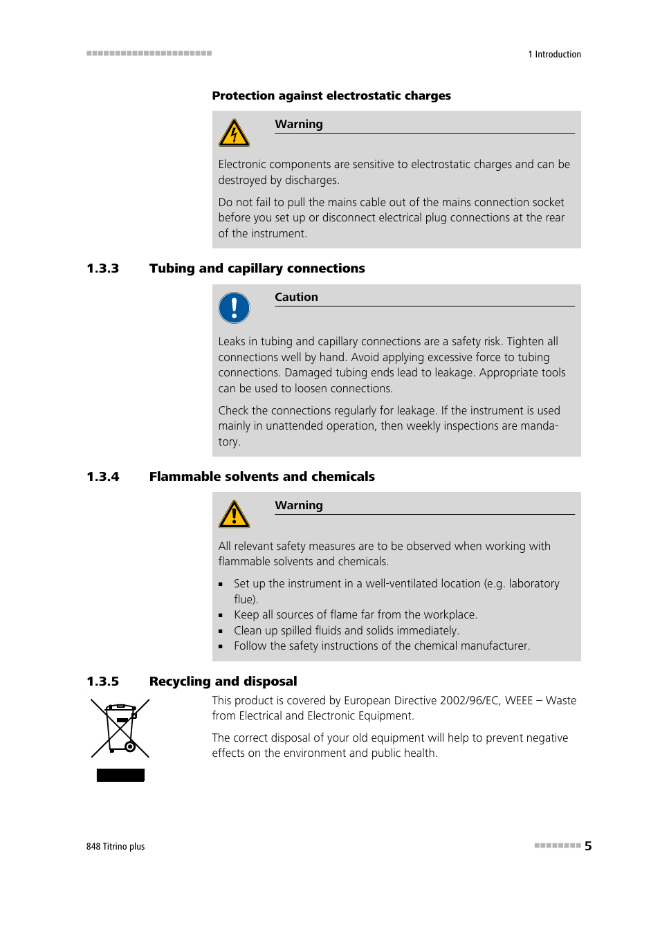 3 tubing and capillary connections, 4 flammable solvents and chemicals, 5 recycling and disposal | Tubing and capillary connections, Flammable solvents and chemicals, Recycling and disposal | Metrohm 848 Titrino plus User Manual | Page 15 / 155