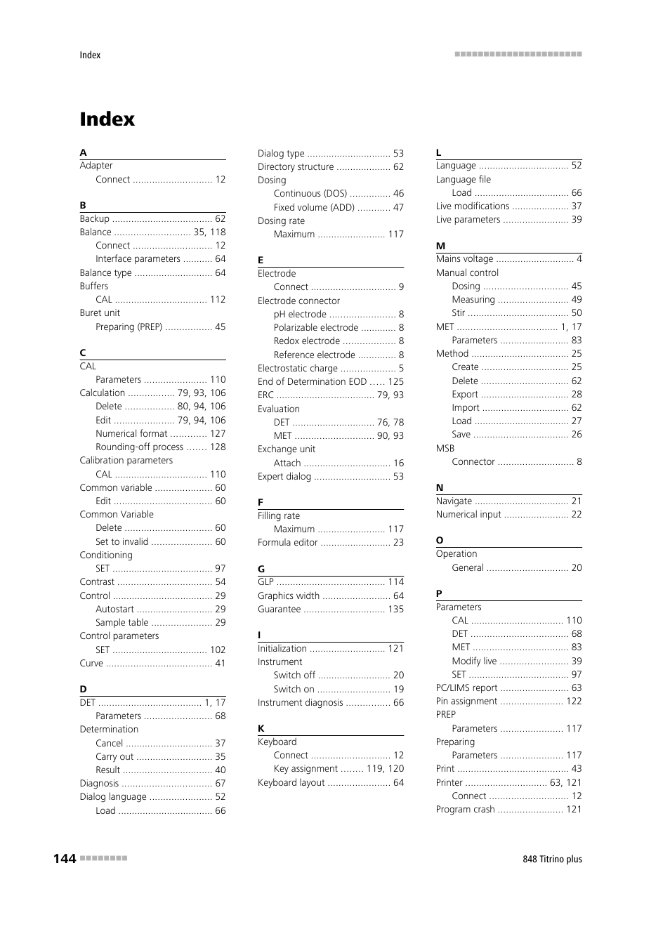 Index | Metrohm 848 Titrino plus User Manual | Page 154 / 155