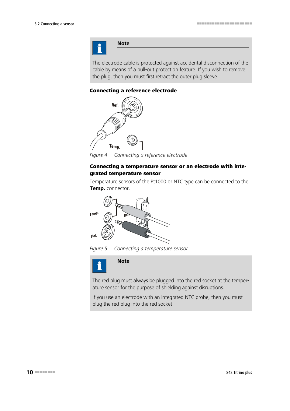 Figure 4, Connecting a reference electrode, Figure 5 | Connecting a temperature sensor | Metrohm 848 Titrino plus User Manual | Page 20 / 155