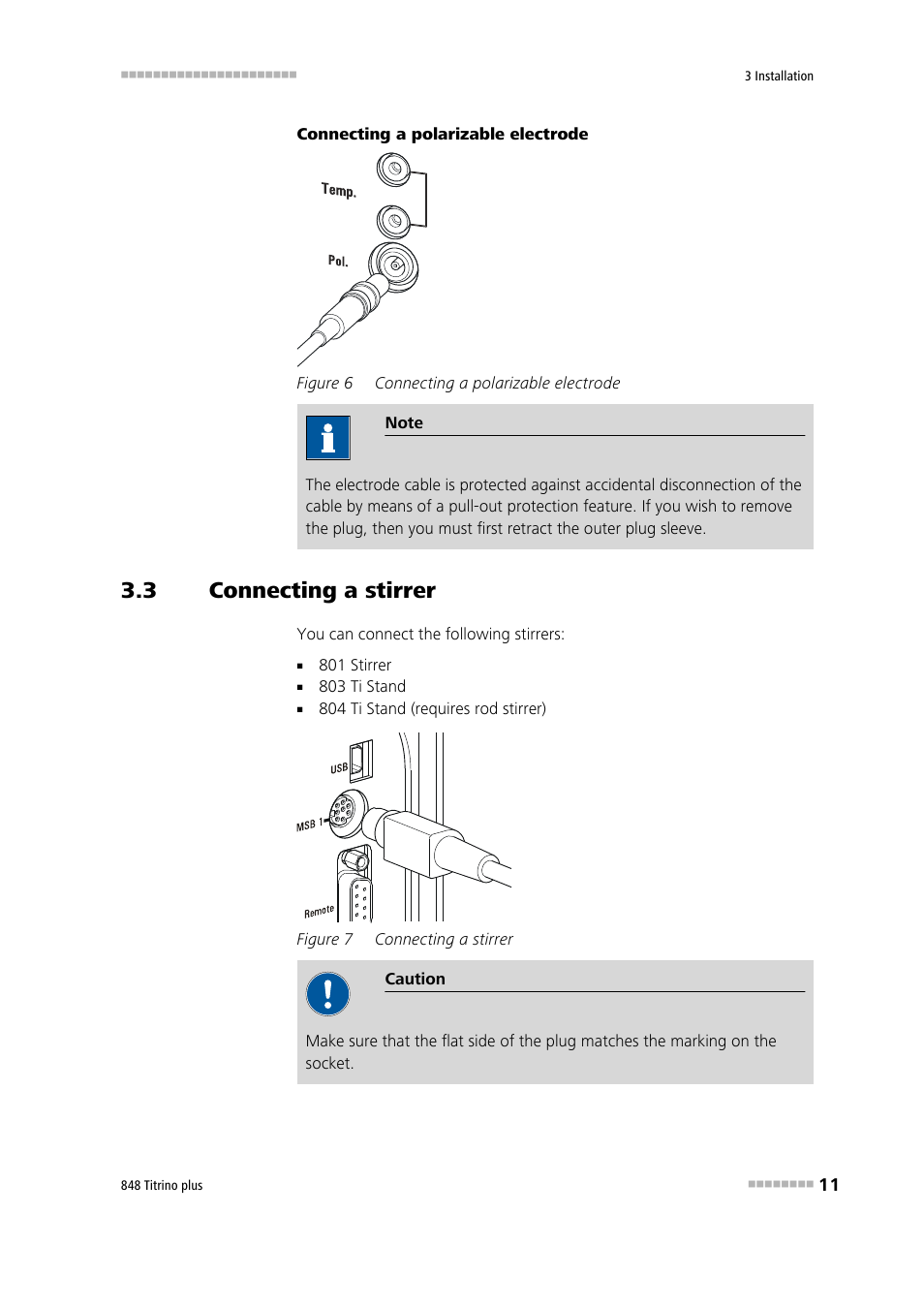 3 connecting a stirrer, Connecting a stirrer, Figure 6 | Connecting a polarizable electrode, Figure 7 | Metrohm 848 Titrino plus User Manual | Page 21 / 155