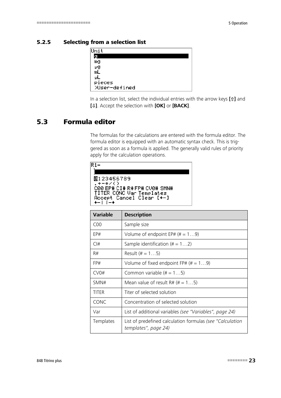 5 selecting from a selection list, 3 formula editor, Selecting from a selection list | Formula editor | Metrohm 848 Titrino plus User Manual | Page 33 / 155