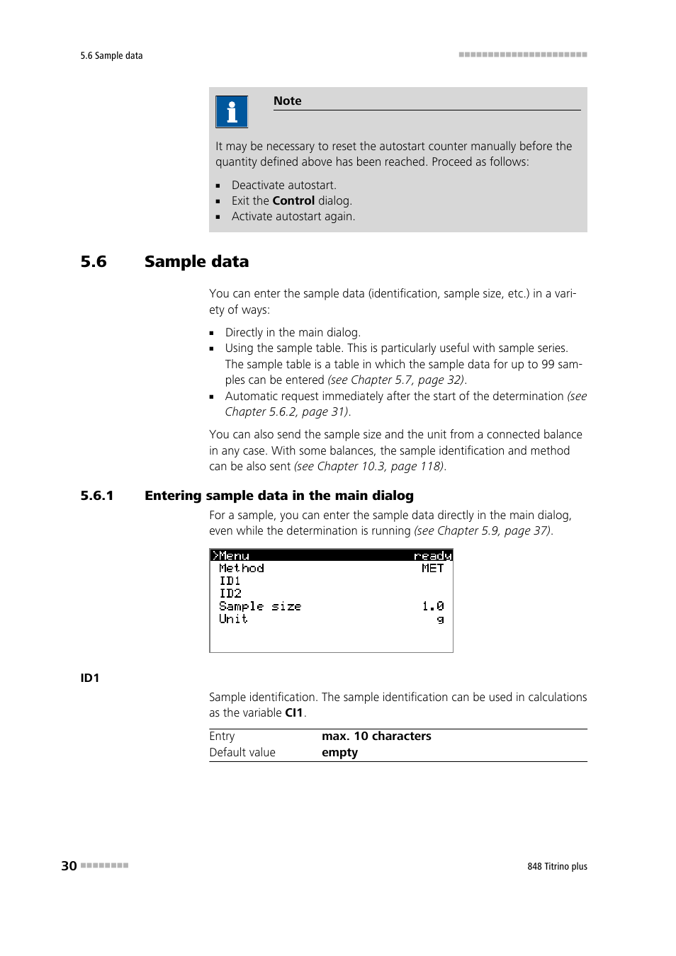 6 sample data, 1 entering sample data in the main dialog, Sample data | Entering sample data in the main dialog | Metrohm 848 Titrino plus User Manual | Page 40 / 155