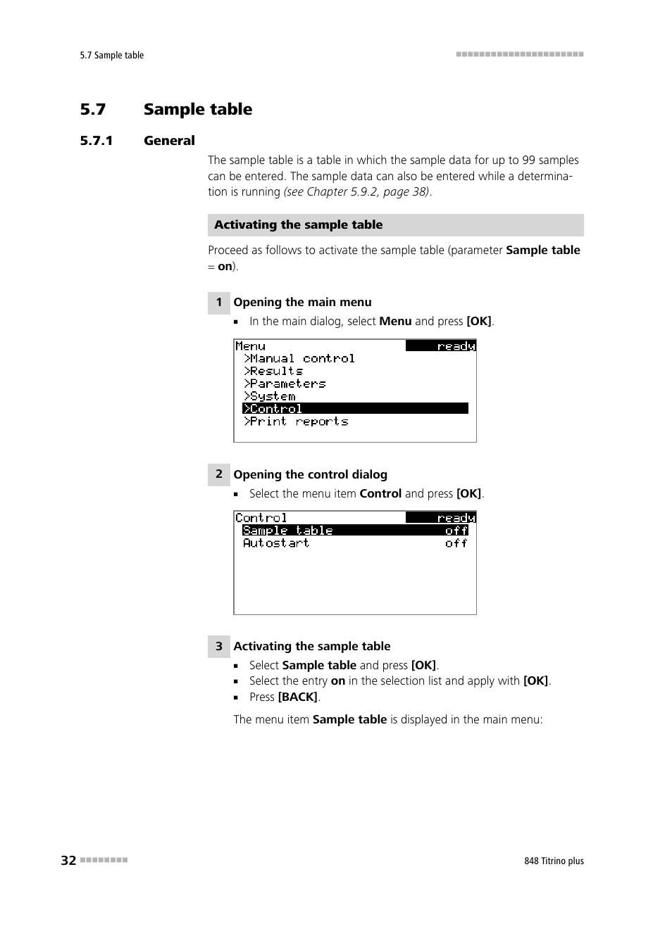 7 sample table, 1 general, Sample table | General | Metrohm 848 Titrino plus User Manual | Page 42 / 155