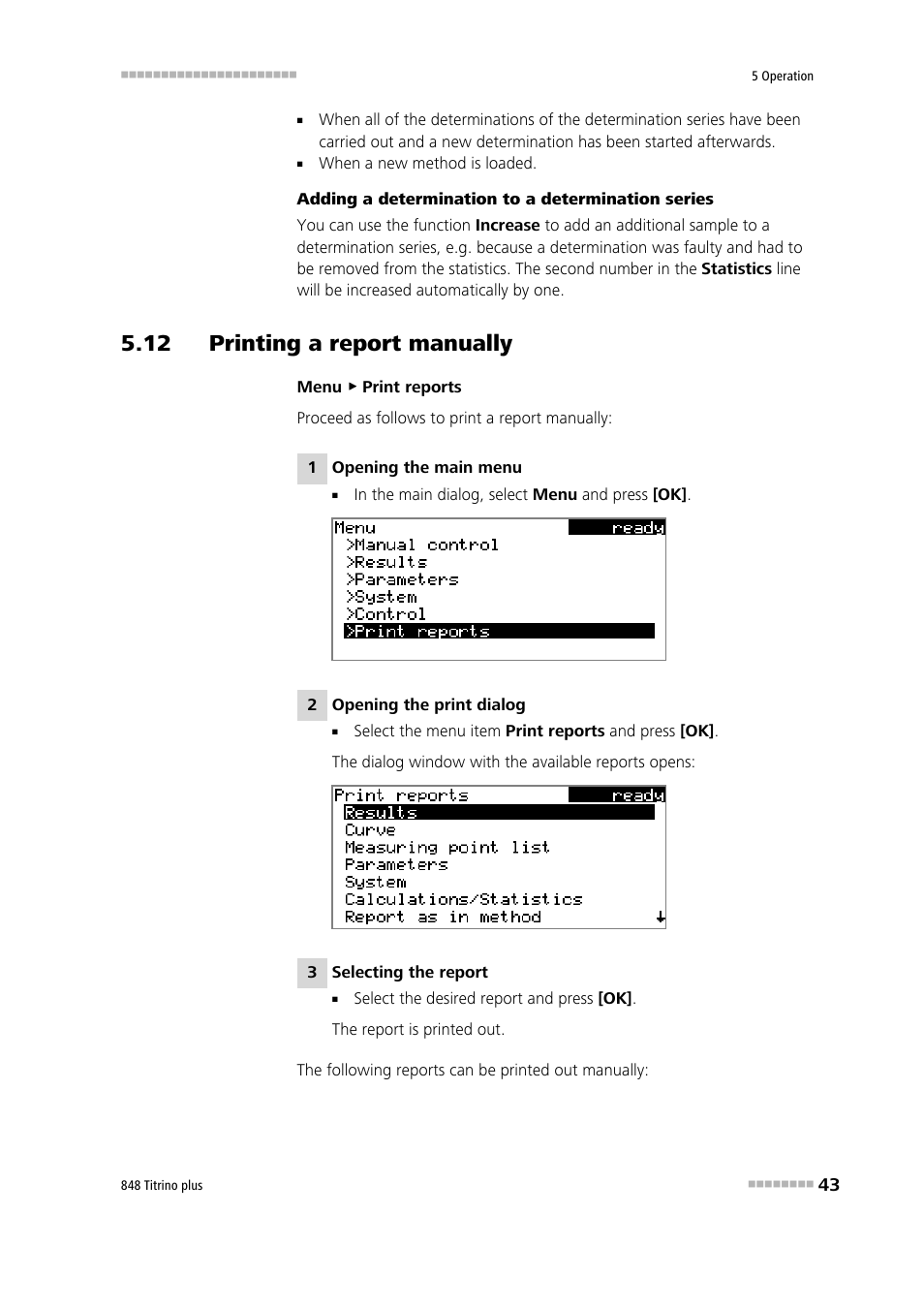 12 printing a report manually | Metrohm 848 Titrino plus User Manual | Page 53 / 155