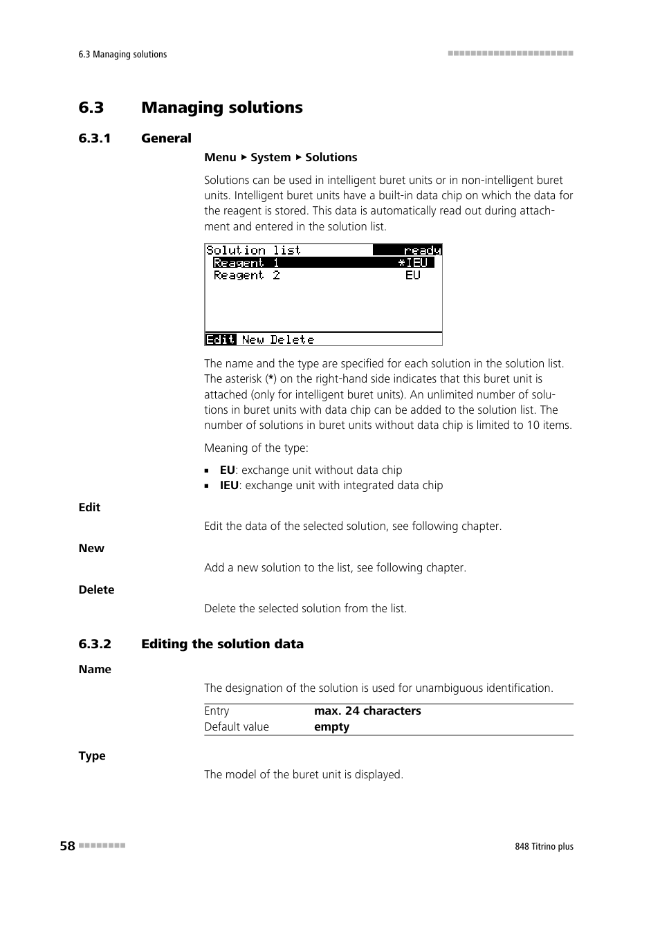 3 managing solutions, 1 general, 2 editing the solution data | Managing solutions, General, Editing the solution data | Metrohm 848 Titrino plus User Manual | Page 68 / 155