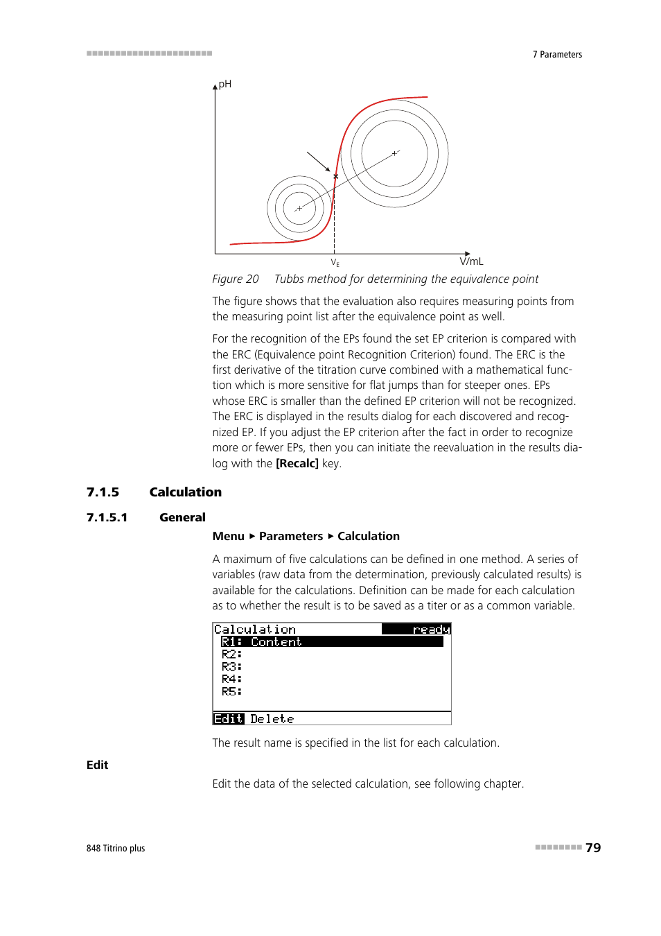 5 calculation, 1 general, Calculation | Figure 20, Tubbs method for determining the equivalence point | Metrohm 848 Titrino plus User Manual | Page 89 / 155