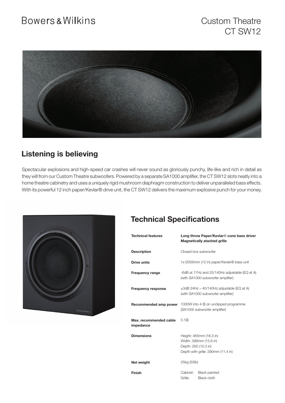 Custom theatre ct sw12, Listening is believing technical specifications | Bowers & Wilkins CUSTOM THEATRE CT SW10 User Manual | Page 2 / 4