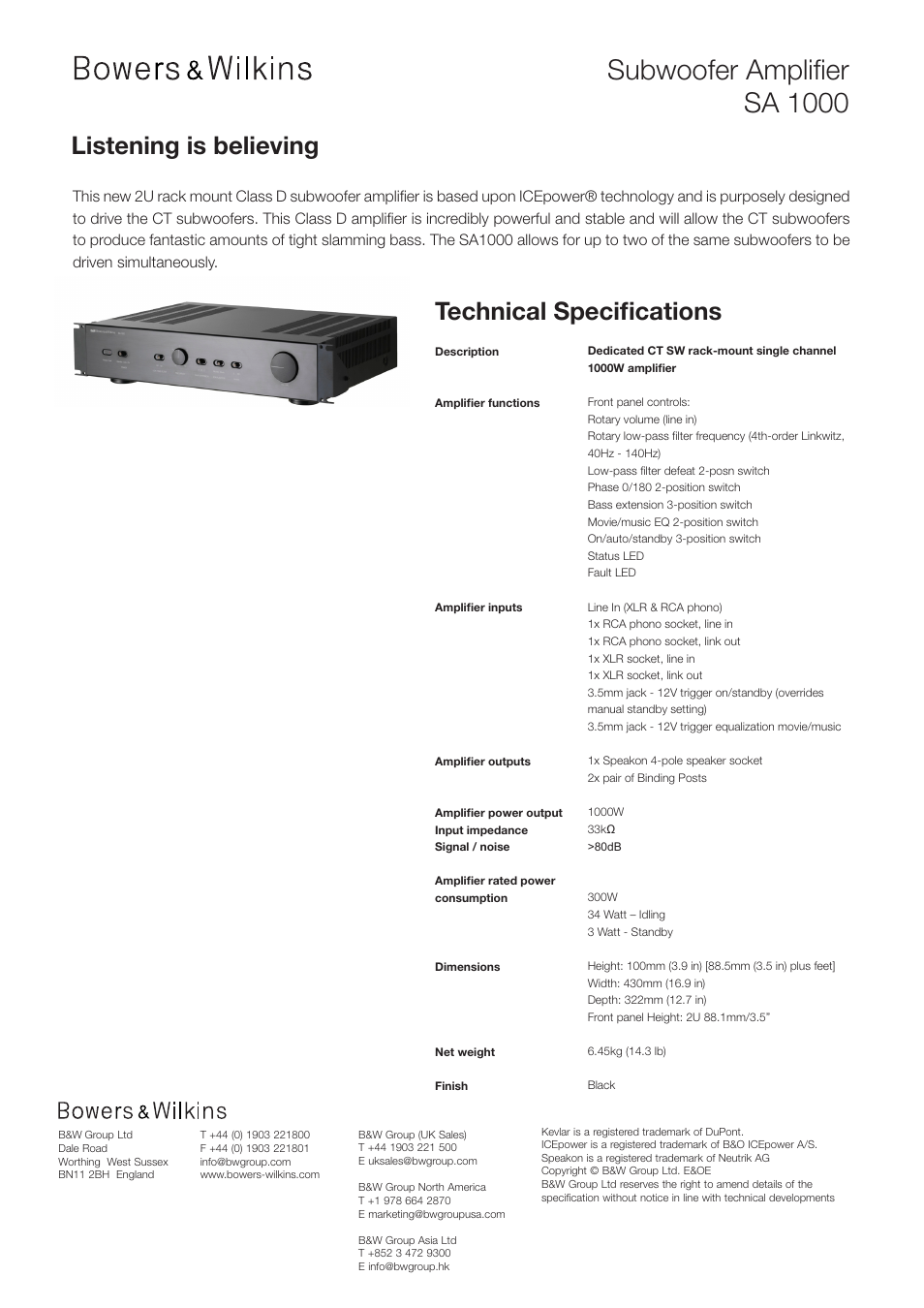 Subwoofer amplifier sa 1000, Listening is believing technical specifications | Bowers & Wilkins CUSTOM THEATRE CT SW10 User Manual | Page 4 / 4