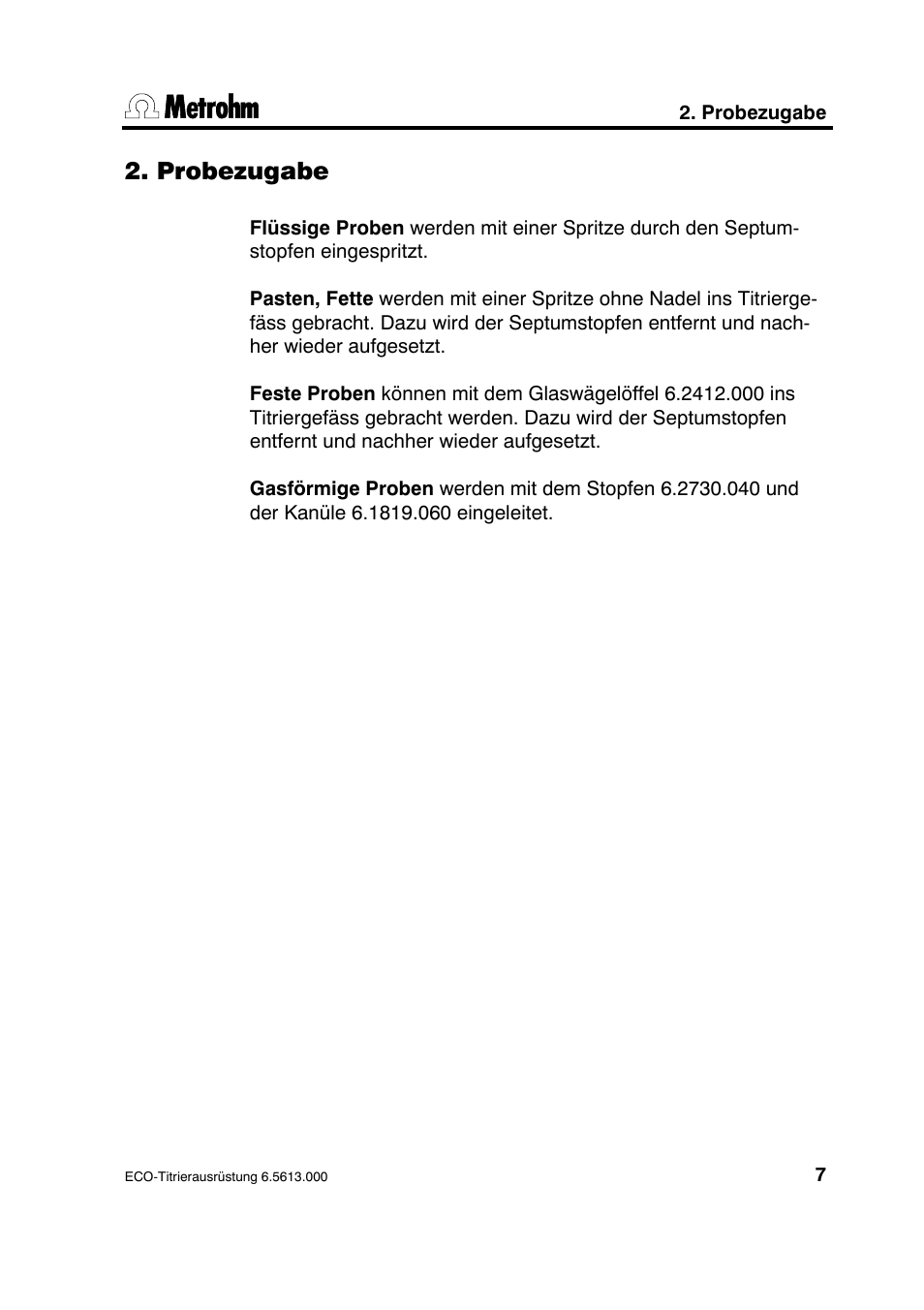 Probezugabe | Metrohm 6.5613.000 ECO Titration Equipment User Manual | Page 12 / 31