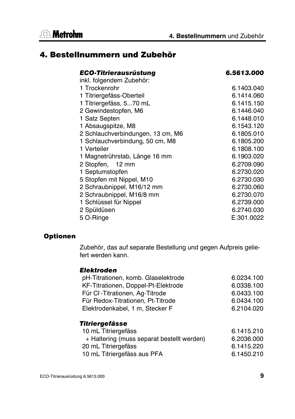 Bestellnummern und zubehör | Metrohm 6.5613.000 ECO Titration Equipment User Manual | Page 14 / 31