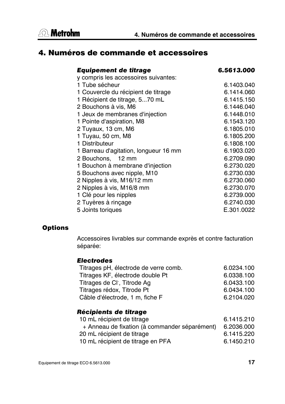 Numéros de commande et accessoires | Metrohm 6.5613.000 ECO Titration Equipment User Manual | Page 22 / 31