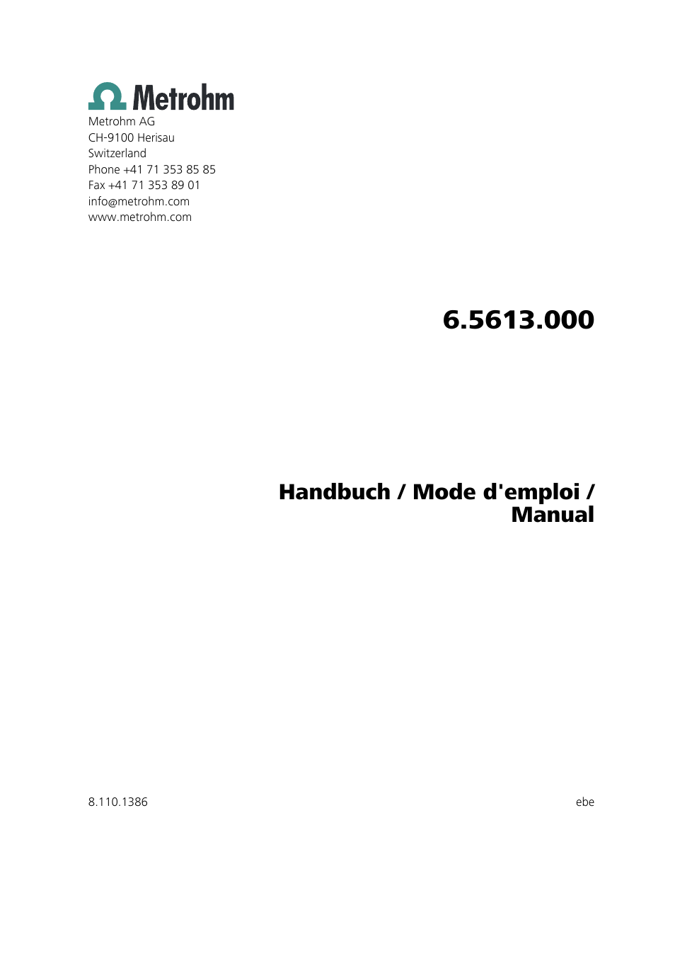 Handbuch / mode d'emploi / manual | Metrohm 6.5613.000 ECO Titration Equipment User Manual | Page 3 / 31