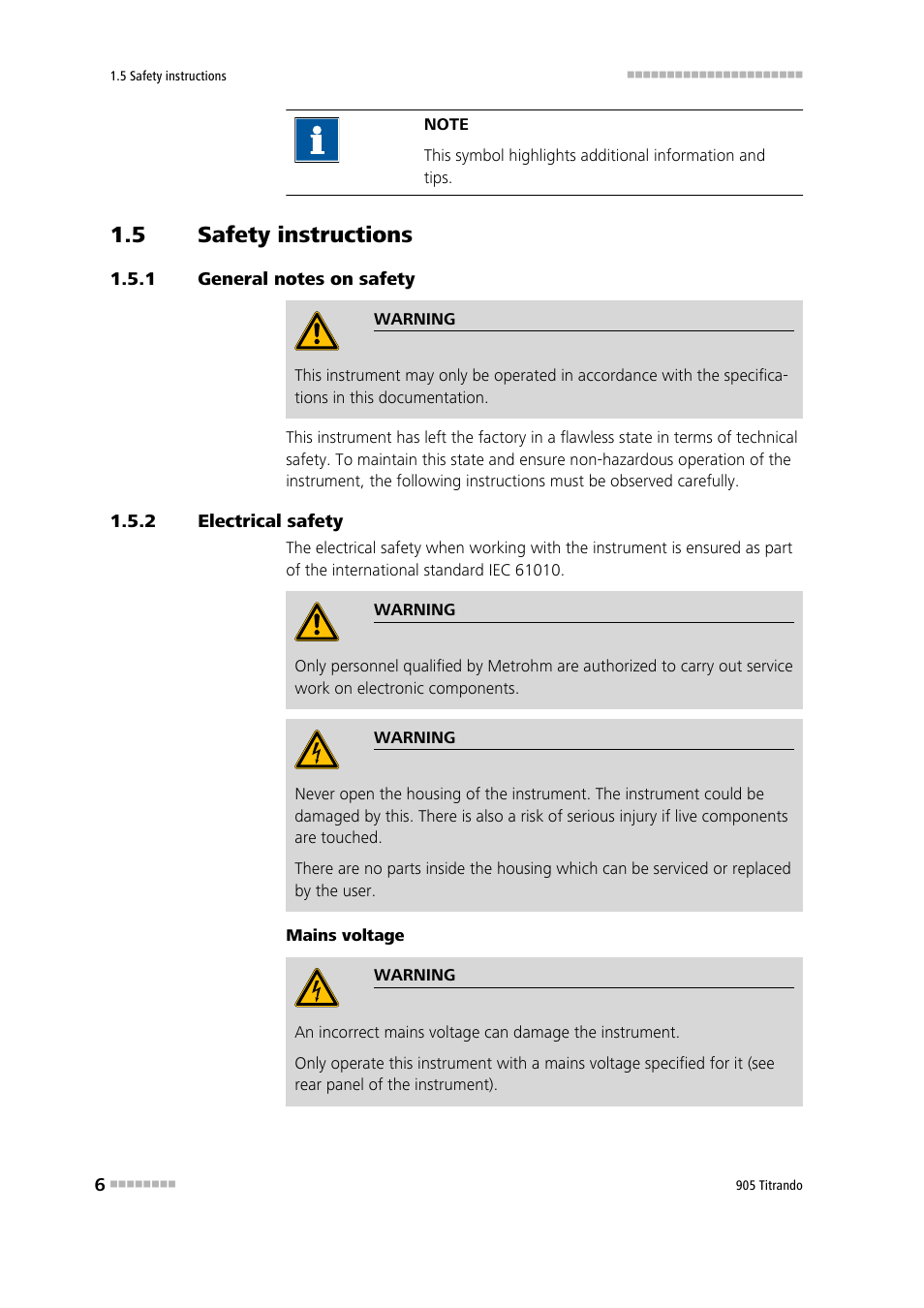 5 safety instructions, 1 general notes on safety, 2 electrical safety | Safety instructions, General notes on safety, Electrical safety | Metrohm 905 Titrando User Manual | Page 14 / 55