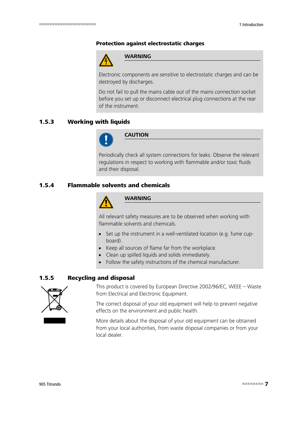 3 working with liquids, 4 flammable solvents and chemicals, 5 recycling and disposal | Working with liquids, Flammable solvents and chemicals, Recycling and disposal | Metrohm 905 Titrando User Manual | Page 15 / 55