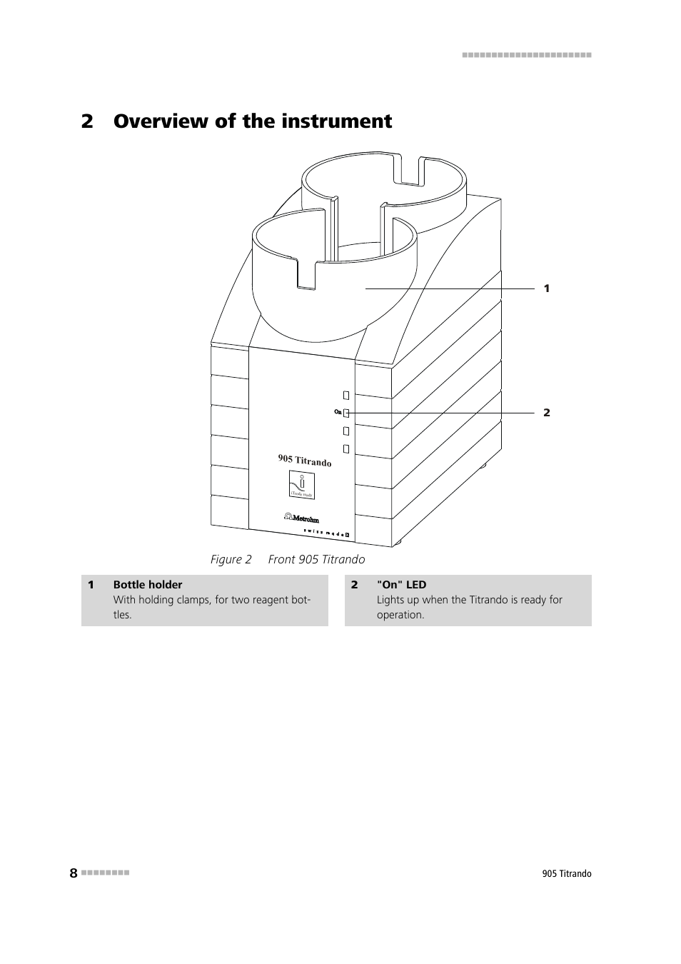 2 overview of the instrument, Figure 2, Front 905 titrando | Metrohm 905 Titrando User Manual | Page 16 / 55