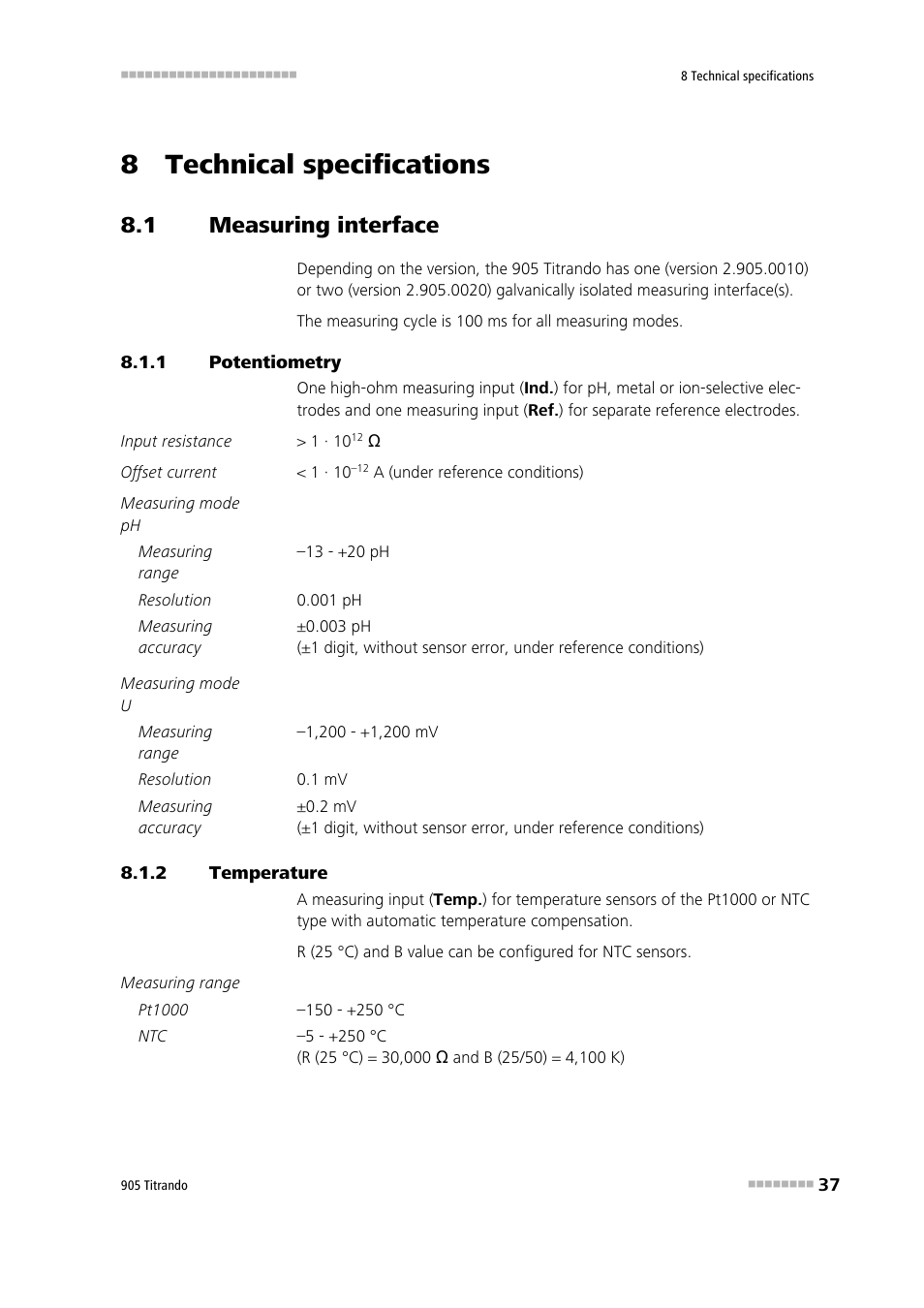 8 technical specifications, 1 measuring interface, 1 potentiometry | 2 temperature, Measuring interface, Potentiometry, Temperature | Metrohm 905 Titrando User Manual | Page 45 / 55