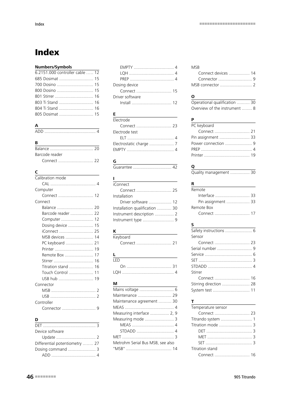 Index | Metrohm 905 Titrando User Manual | Page 54 / 55