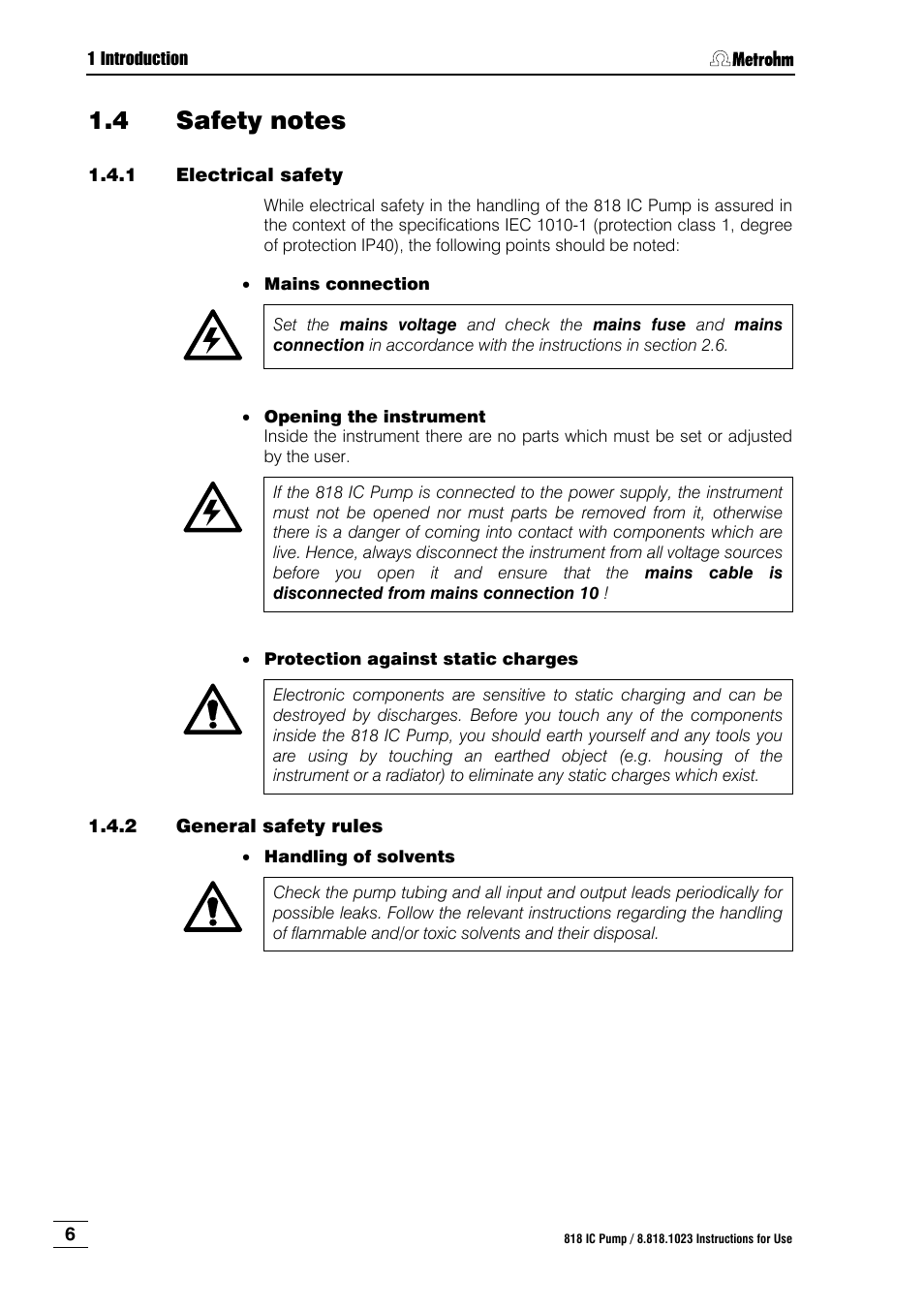 4 safety notes, Safety notes, Electrical safety | General safety rules | Metrohm 818 IC Pump User Manual | Page 12 / 56