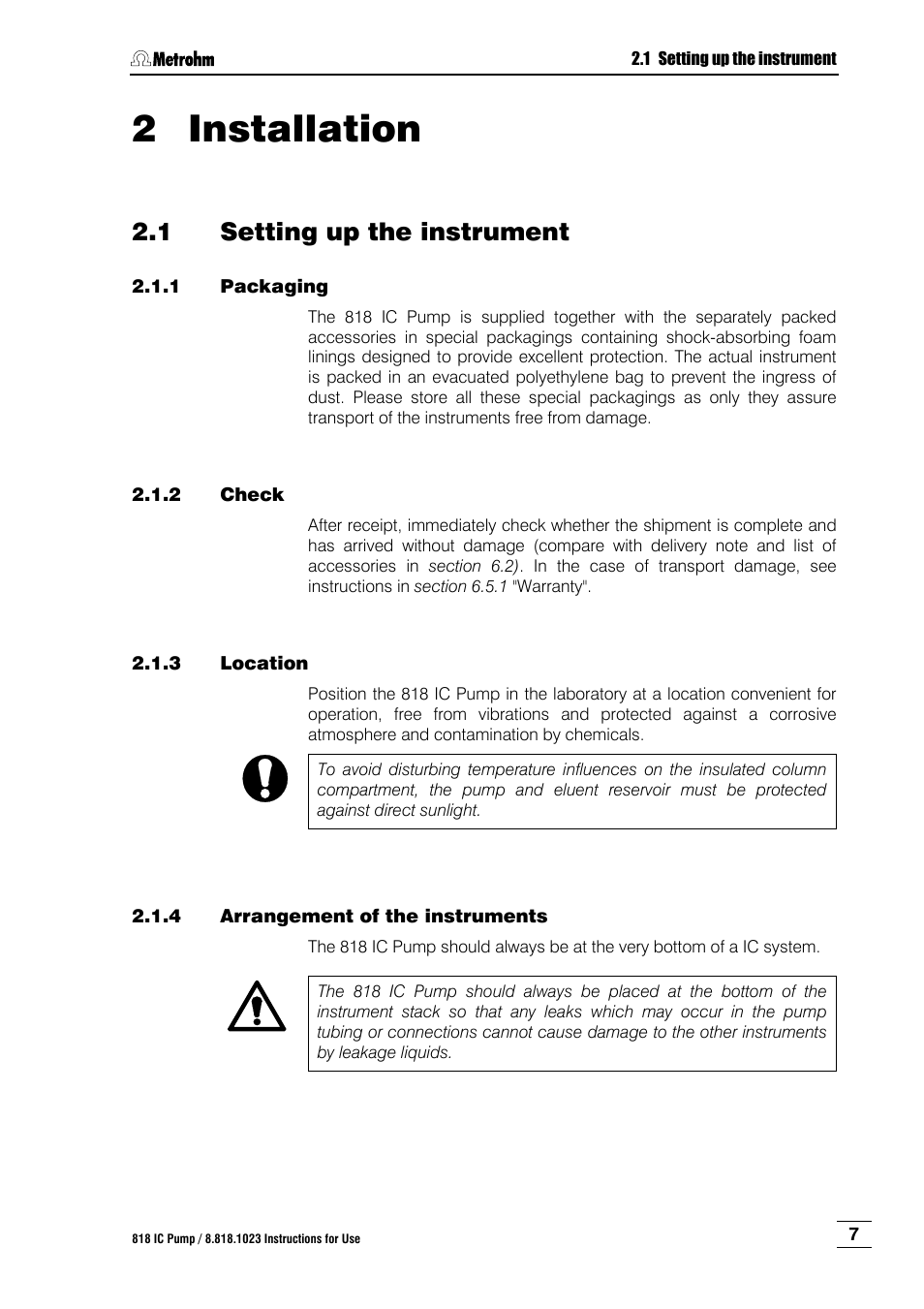 2 installation, 1 setting up the instrument, Installation | Setting up the instrument, Packaging, Check, Location, Arrangement of the instruments, N 2 installation | Metrohm 818 IC Pump User Manual | Page 13 / 56