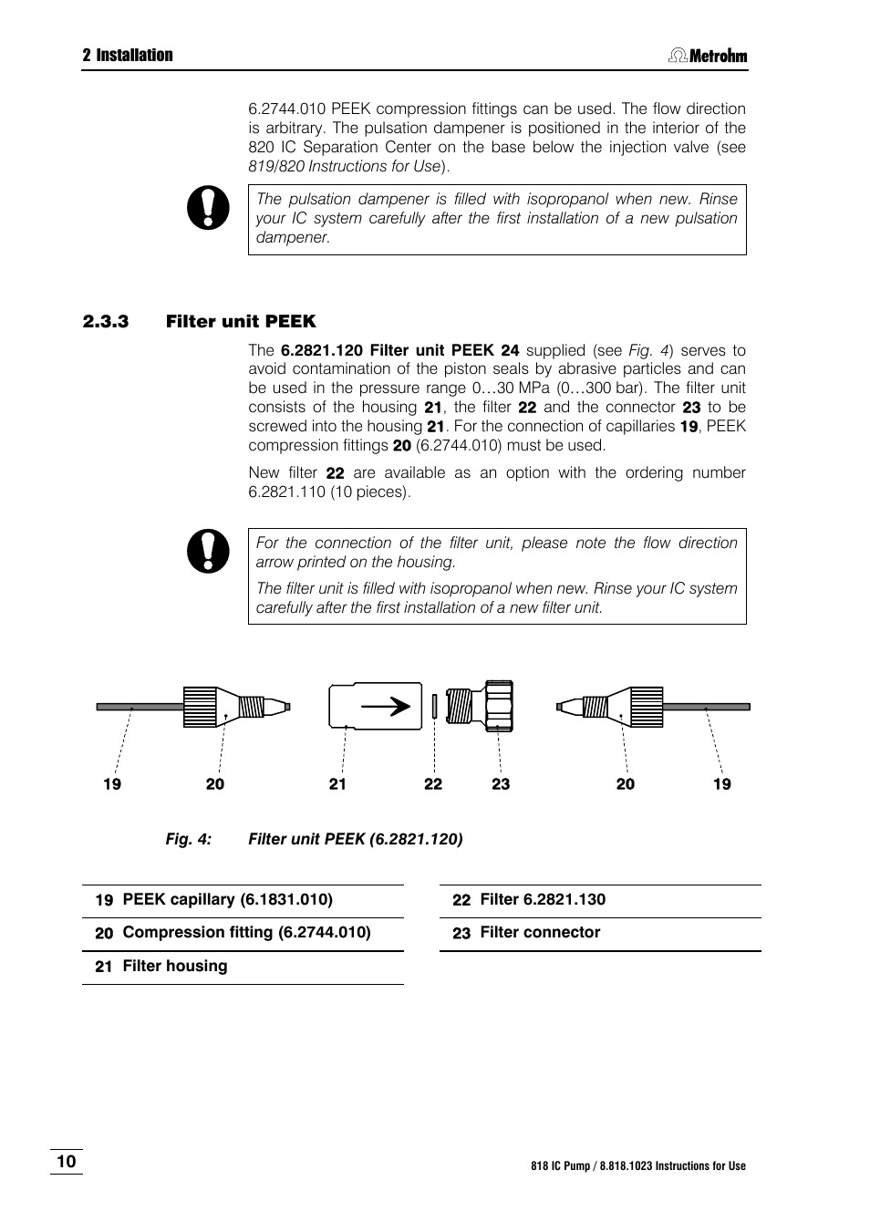 Filter unit peek, Fig. 4, Filter unit peek (6.2821.120) | Metrohm 818 IC Pump User Manual | Page 16 / 56