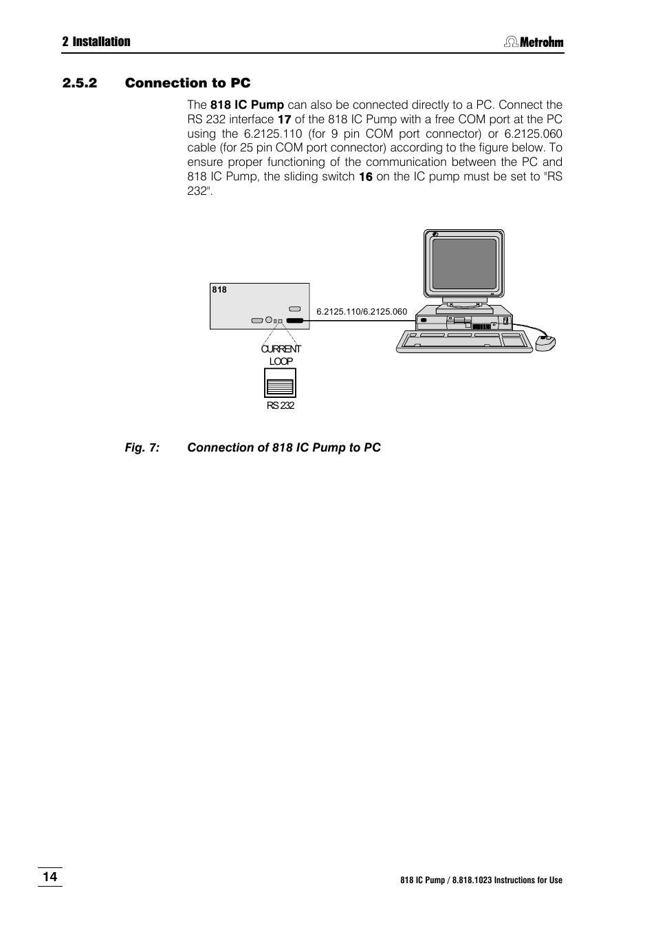 Connection to pc, Fig. 7, Connection of 818 ic pump to pc | Metrohm 818 IC Pump User Manual | Page 20 / 56