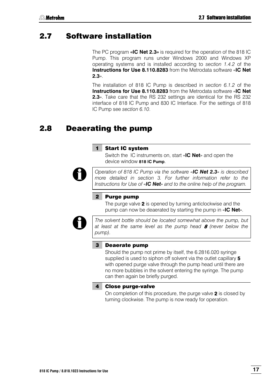 7 software installation, 8 deaerating the pump, Software installation | Deaerating the pump | Metrohm 818 IC Pump User Manual | Page 23 / 56