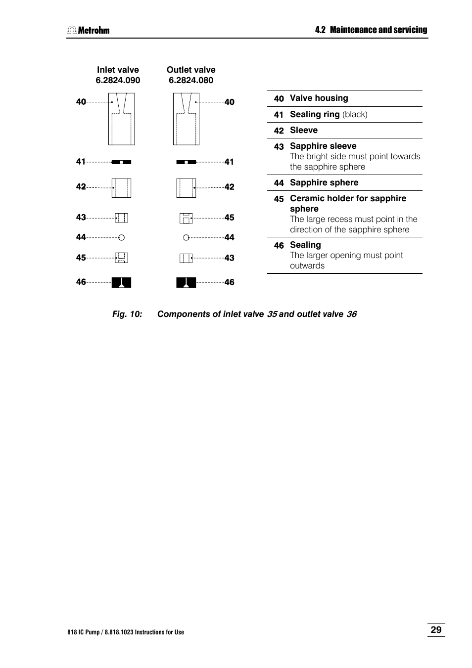 Fig. 10, Components of inlet valve 35 and outlet valve 36, Disassembled as shown in fig. 10 . th | The in, Fig. 10 . the, 43 and the cerami, 45 (see fig. 10 ) | Metrohm 818 IC Pump User Manual | Page 35 / 56