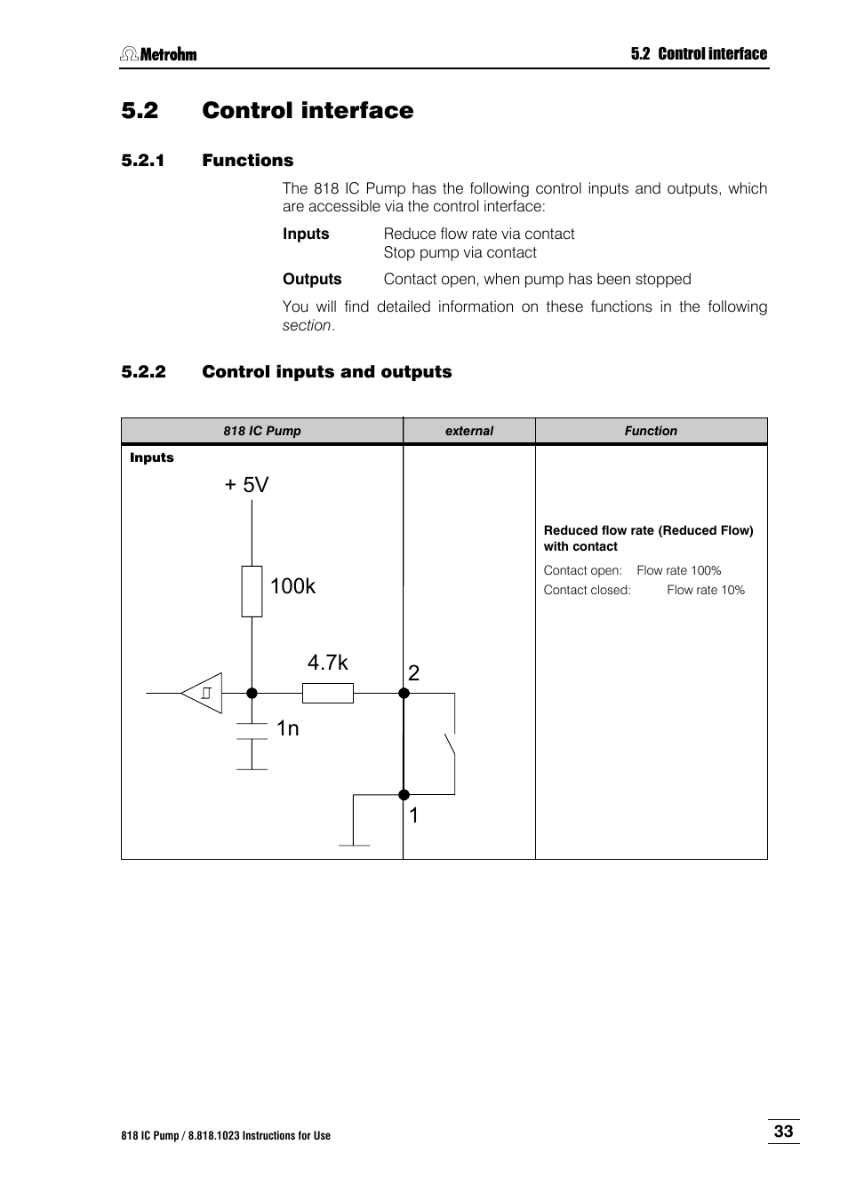 2 control interface, Control interface, Functions | Control inputs and outputs, Ction 5.2 | Metrohm 818 IC Pump User Manual | Page 39 / 56