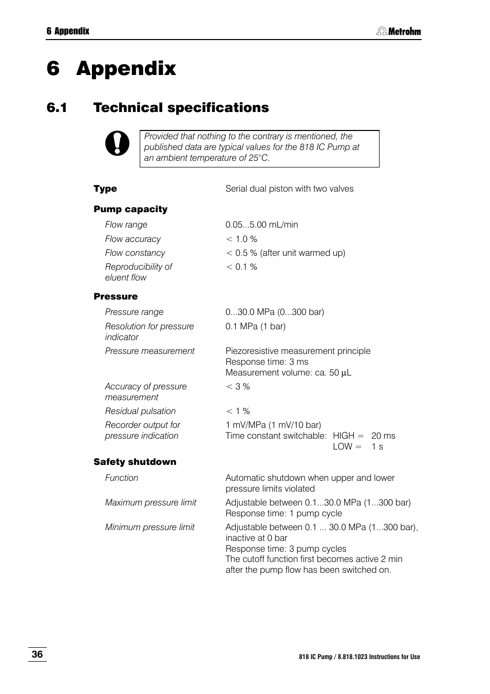 6 appendix, 1 technical specifications, Appendix | Technical specifications, N 6 appendix | Metrohm 818 IC Pump User Manual | Page 42 / 56