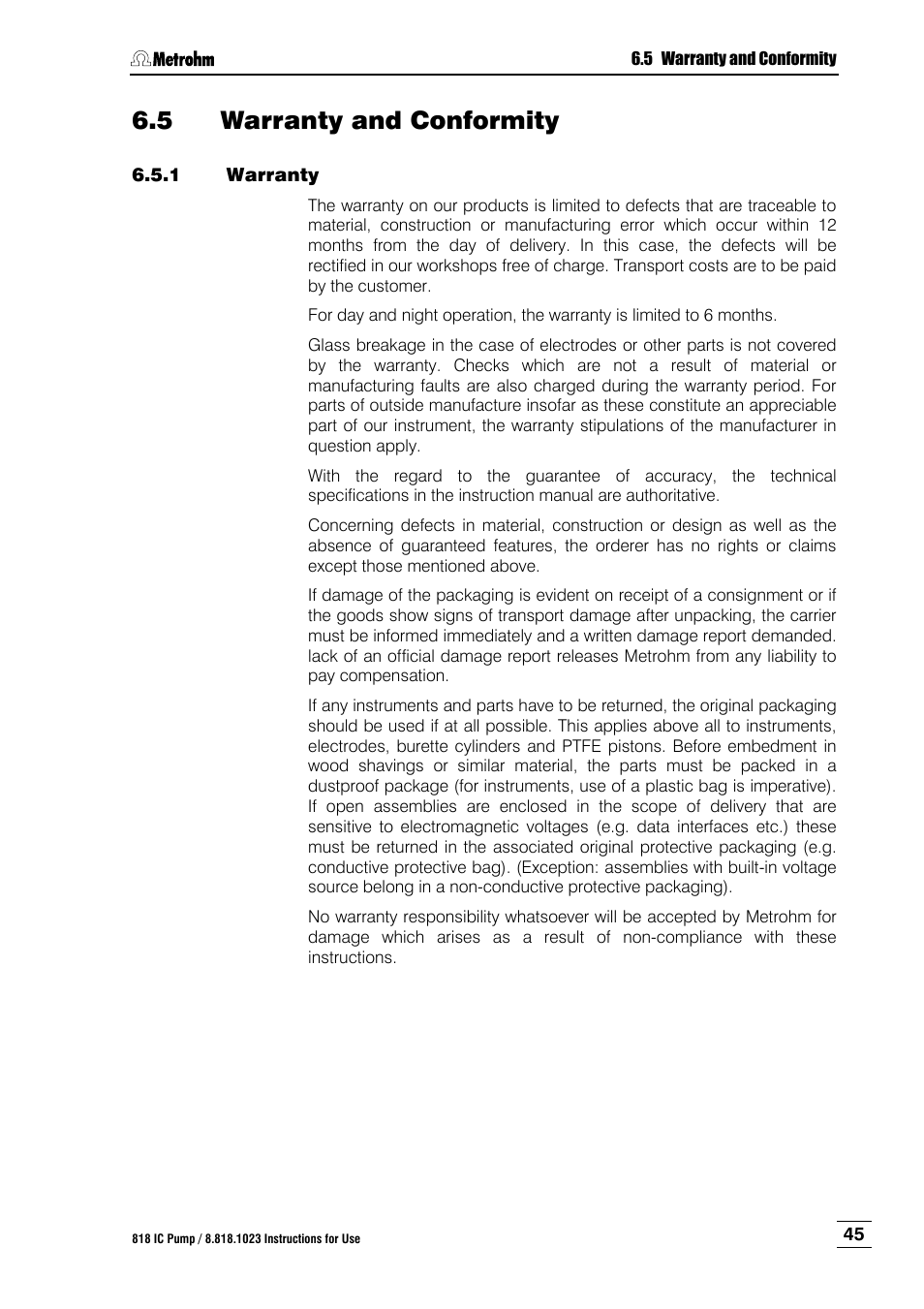 5 warranty and conformity, Warranty and conformity, Warranty | Metrohm 818 IC Pump User Manual | Page 51 / 56