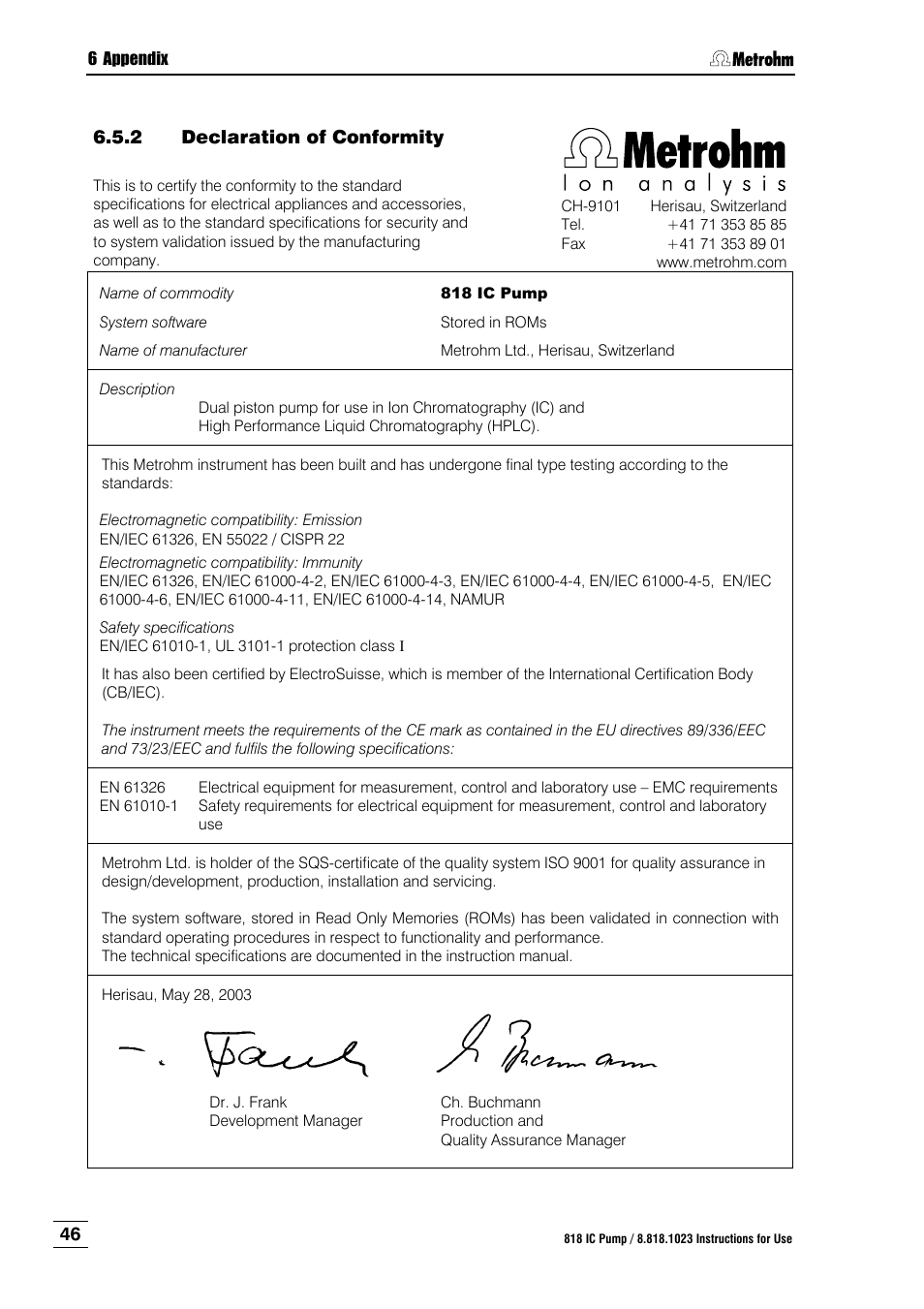 Declaration of conformity | Metrohm 818 IC Pump User Manual | Page 52 / 56