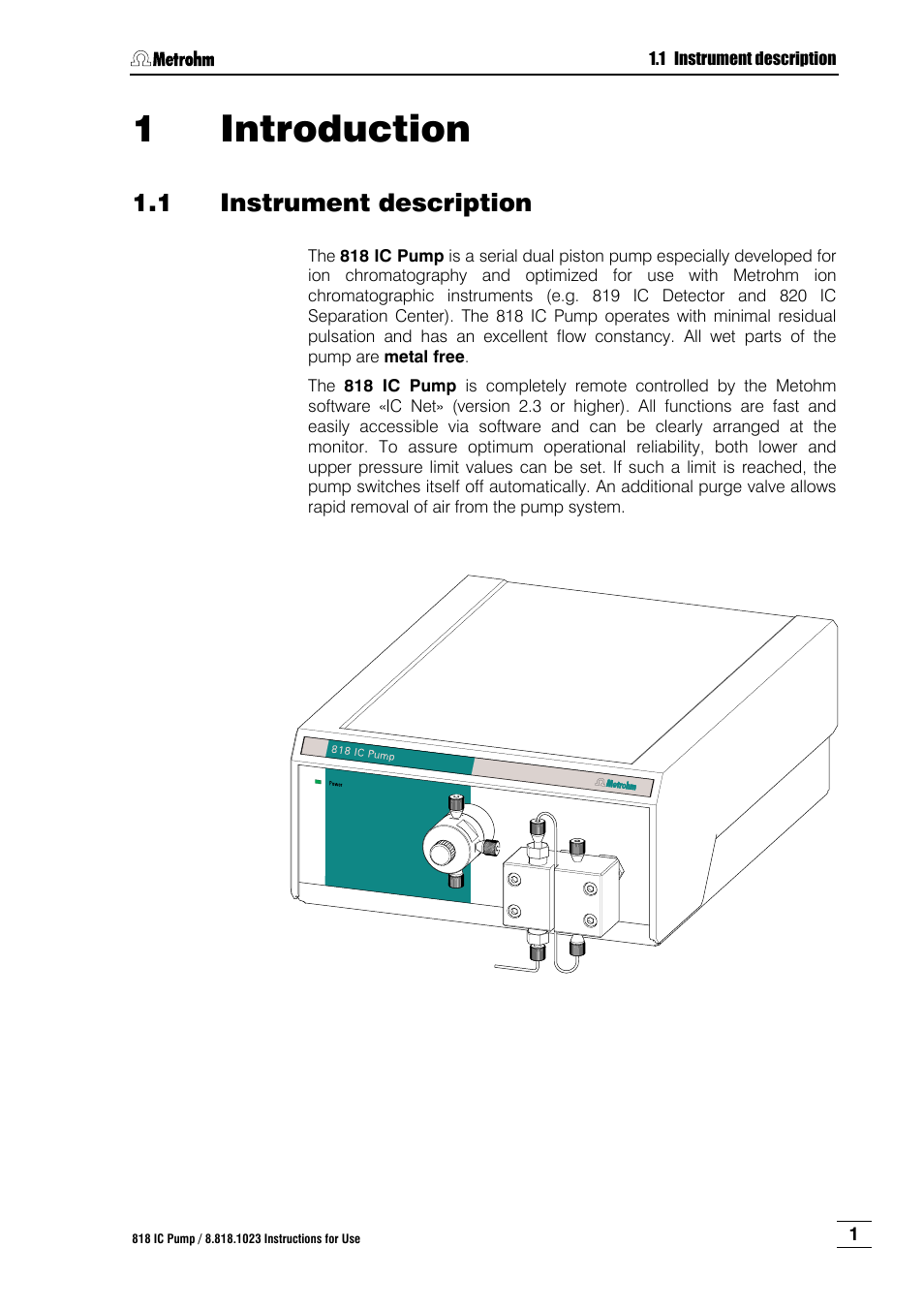 1 introduction, 1 instrument description, Instrument description | Metrohm 818 IC Pump User Manual | Page 7 / 56