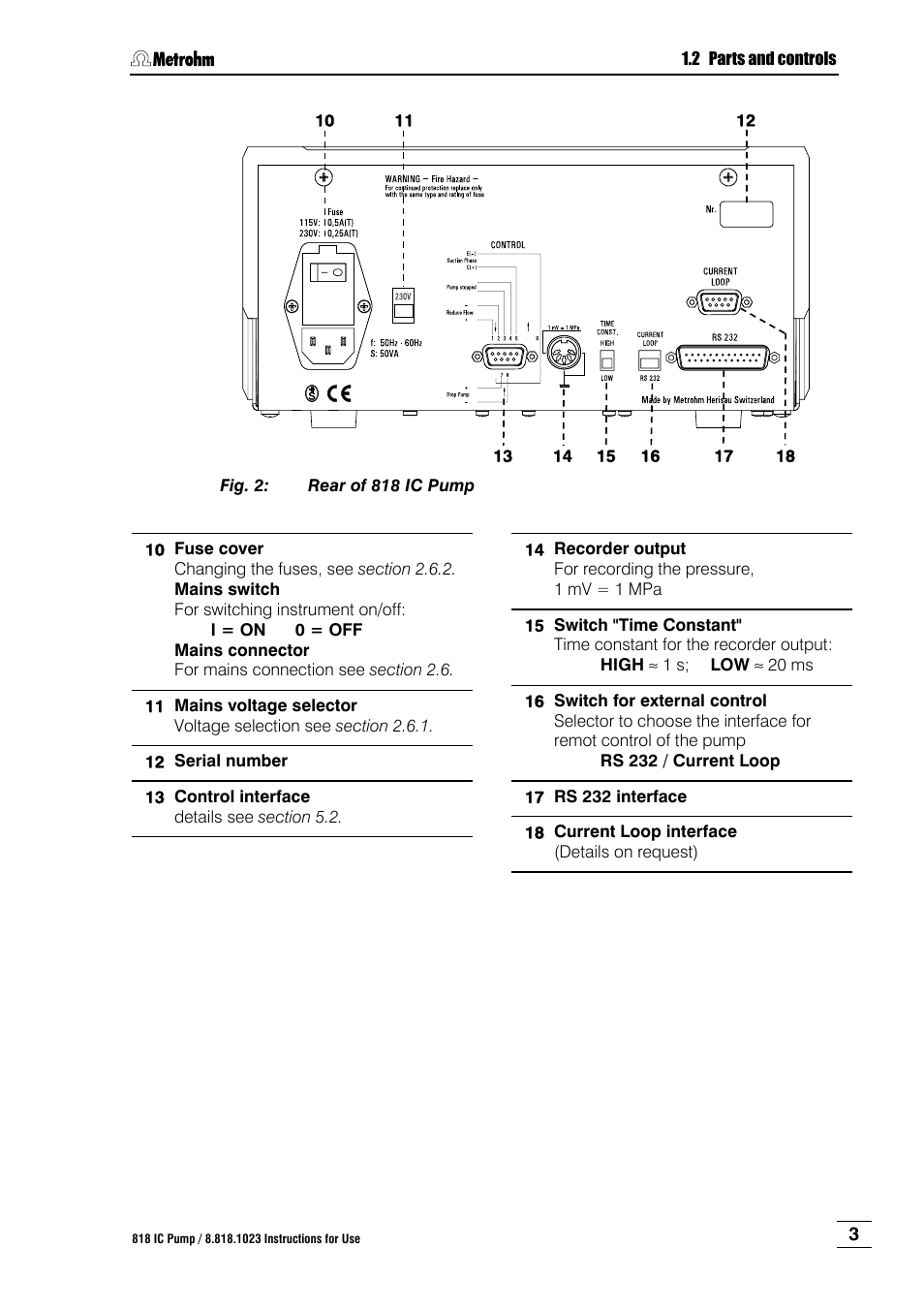 Fig. 2, Rear of 818 ic pump, Refer | Metrohm 818 IC Pump User Manual | Page 9 / 56