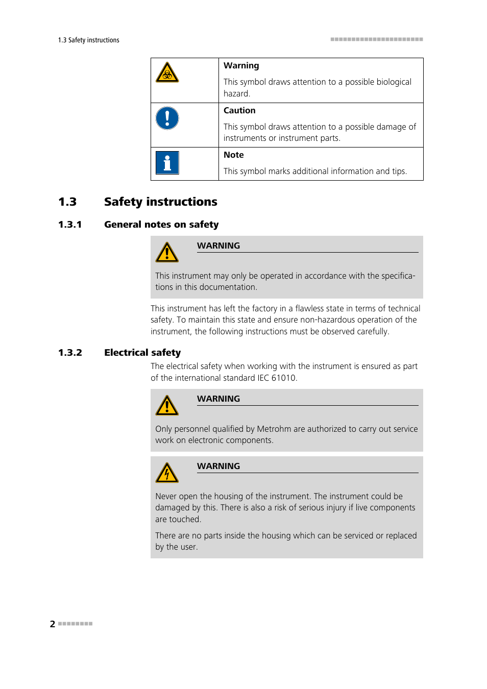 3 safety instructions, 1 general notes on safety, 2 electrical safety | Safety instructions, General notes on safety, Electrical safety | Metrohm 802 Rod Stirrer User Manual | Page 10 / 29