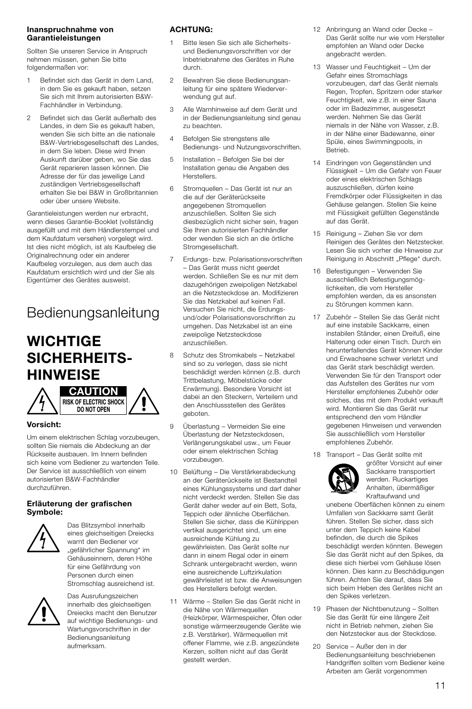 Bedienungsanleitung wichtige sicherheits- hinweise, Caution | Bowers & Wilkins AS2 User Manual | Page 14 / 73