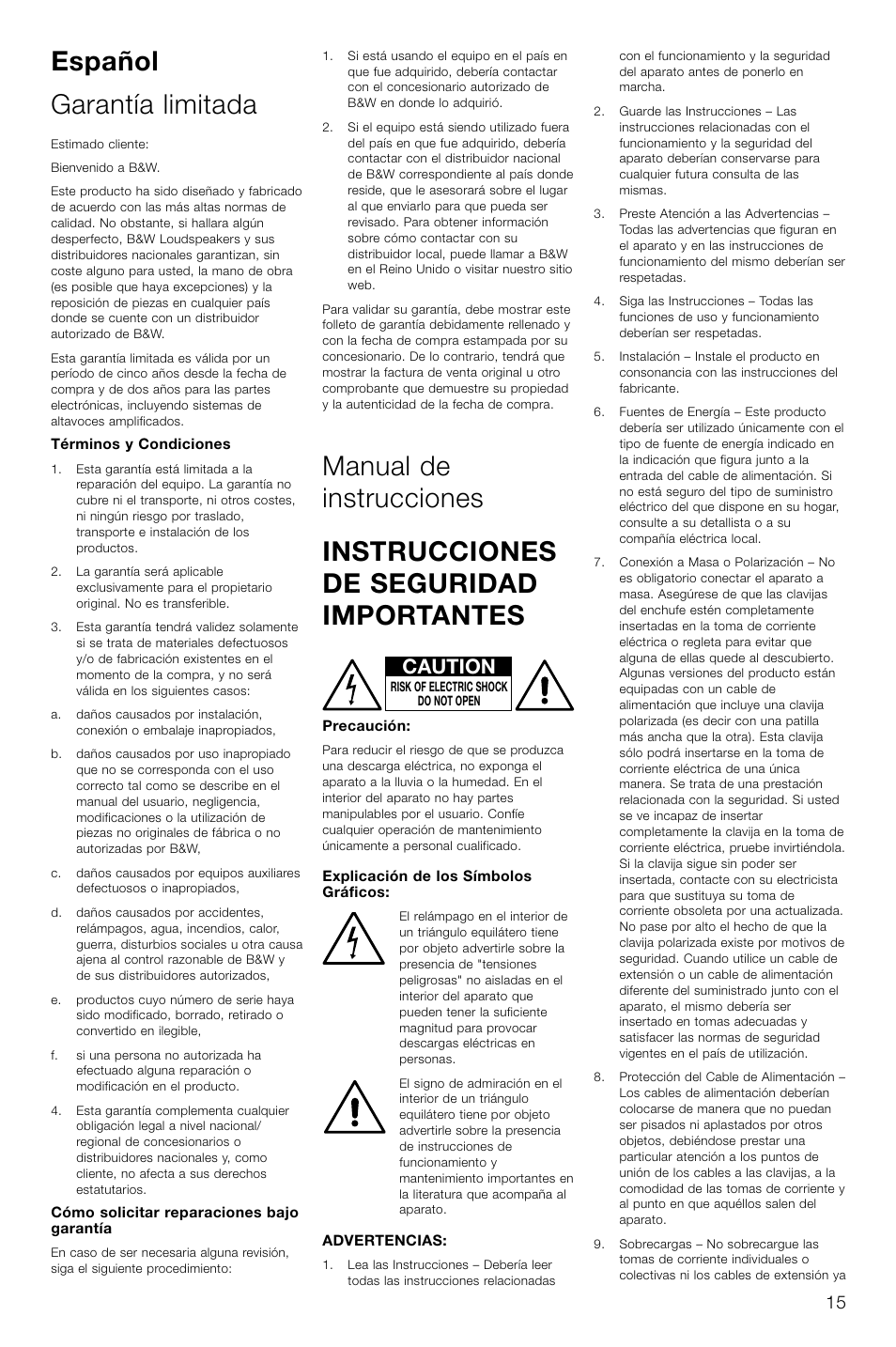 Español garantía limitada, Caution | Bowers & Wilkins AS2 User Manual | Page 18 / 73