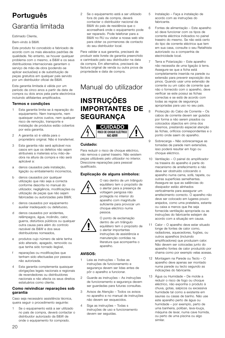 Português garantia limitada, Cuidado | Bowers & Wilkins AS2 User Manual | Page 23 / 73