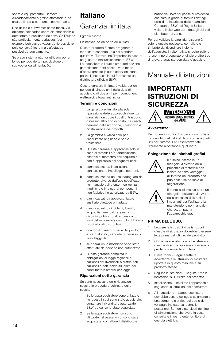 Italiano garanzia limitata, Attenzione | Bowers & Wilkins AS2 User Manual | Page 27 / 73