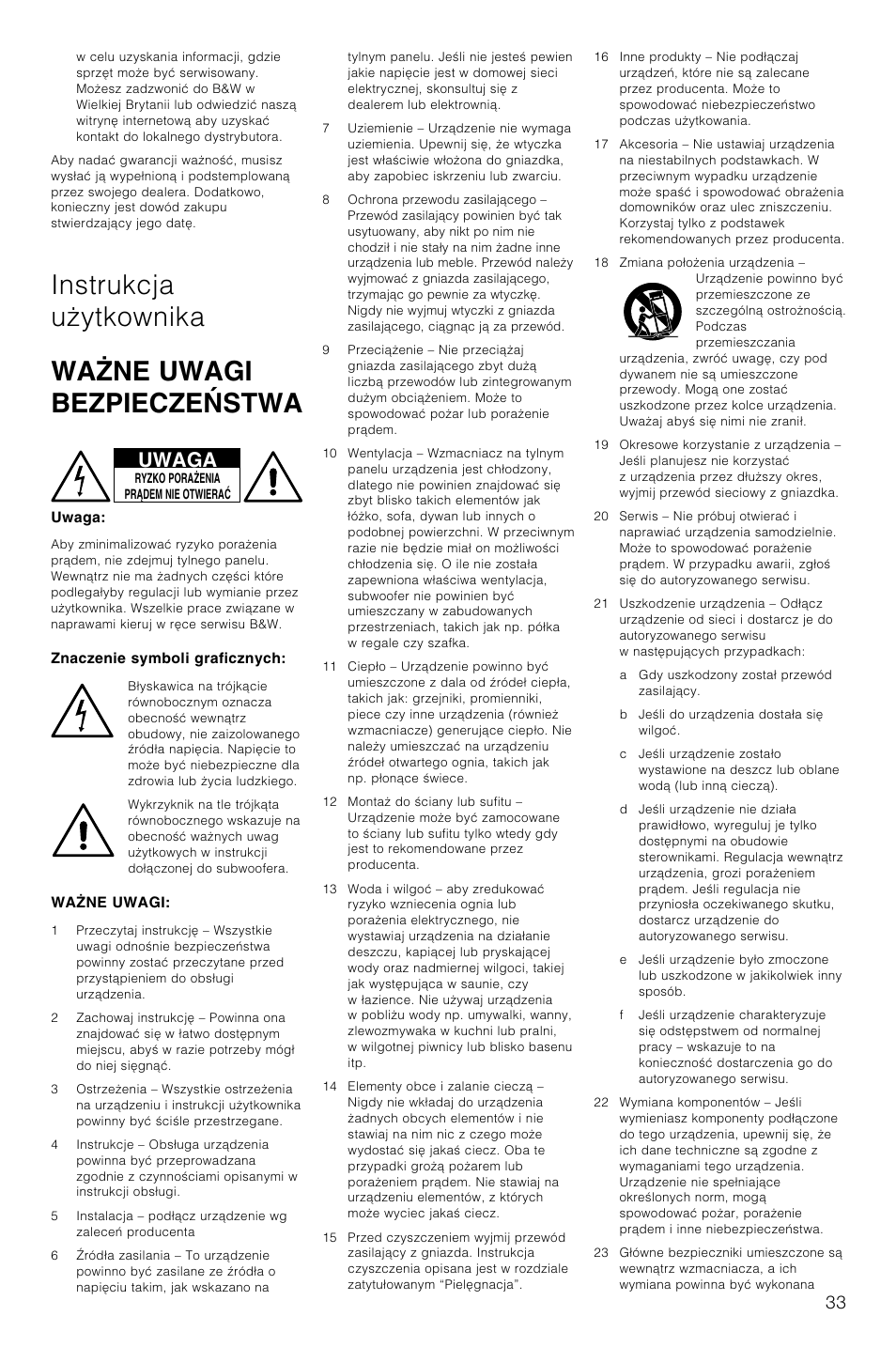 Instrukcja uãytkownika wa…ne uwagi bezpiecze÷stwa, Uwaga | Bowers & Wilkins AS2 User Manual | Page 36 / 73