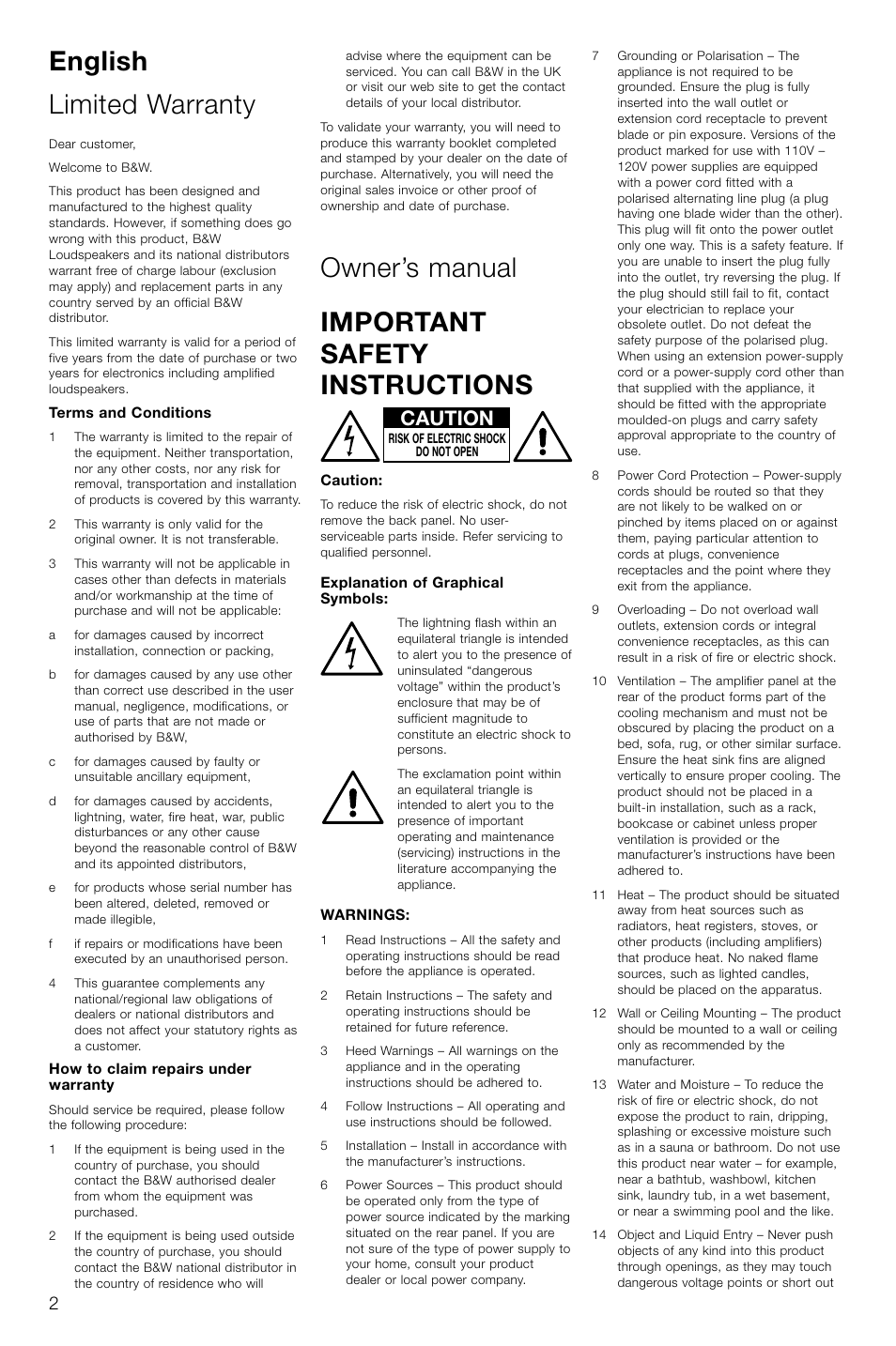 English limited warranty, Owner’s manual important safety instructions, Caution | Bowers & Wilkins AS2 User Manual | Page 5 / 73