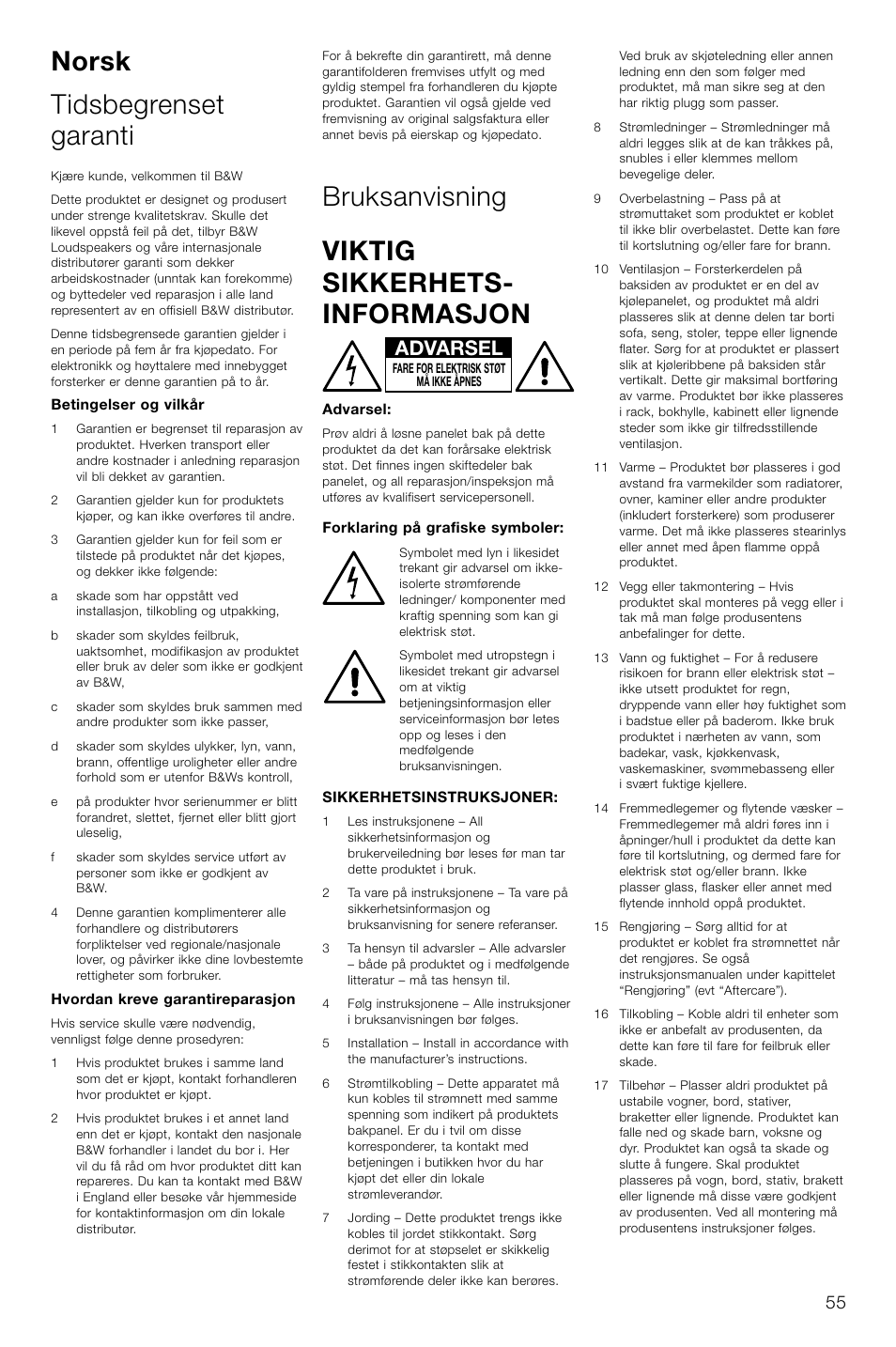 Norsk tidsbegrenset garanti, Bruksanvisning viktig sikkerhets- informasjon, Advarsel | Bowers & Wilkins AS2 User Manual | Page 58 / 73